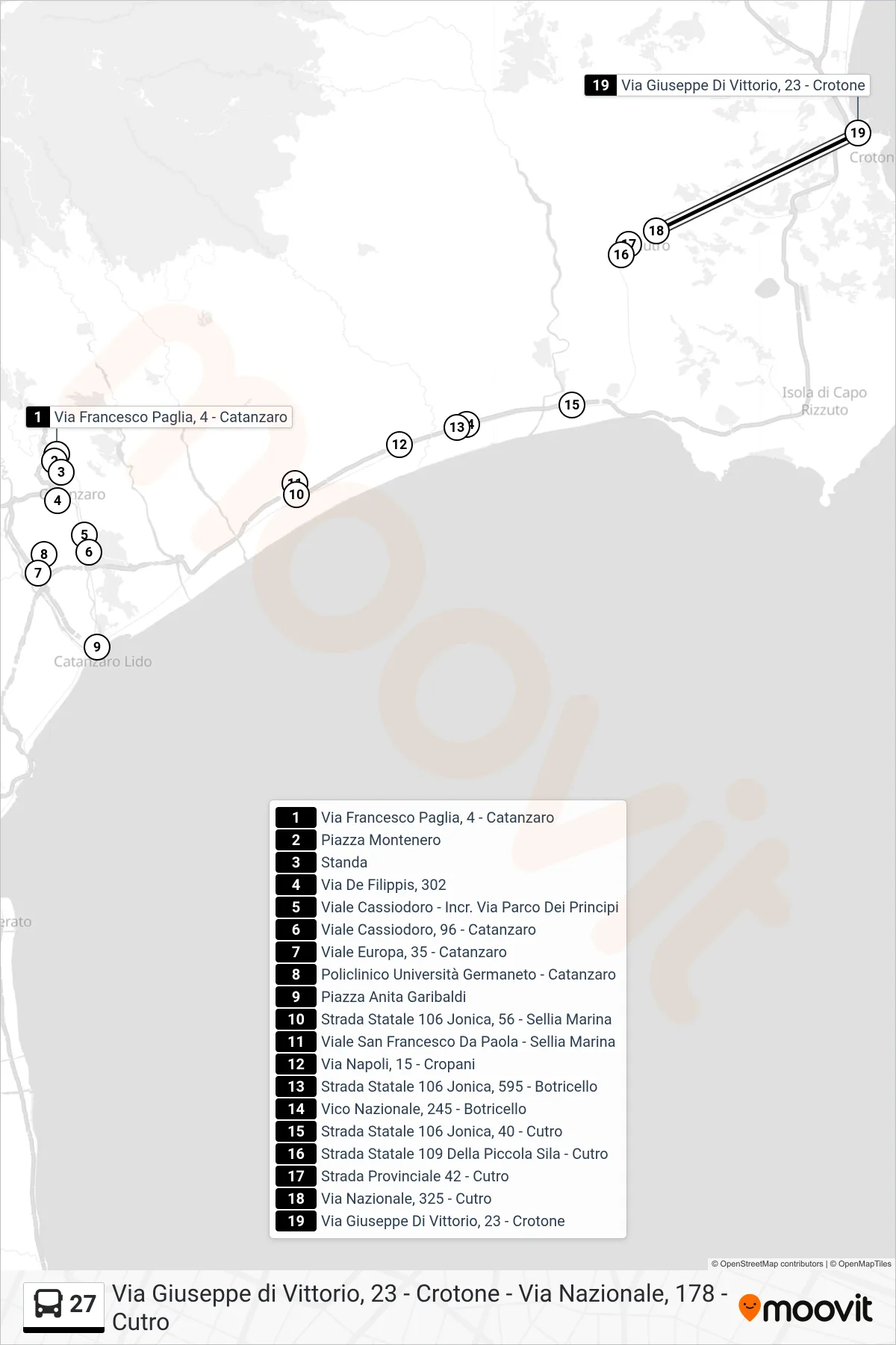Linea 27 bus (Via Giuseppe Di Vittorio, 23 - Crotone) - Percorsi e fermate sulla mappa