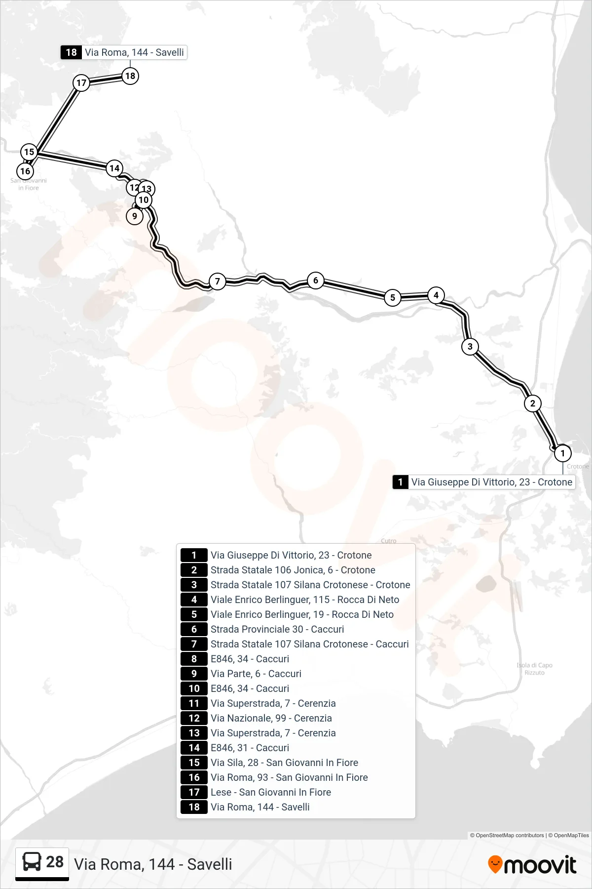 Linea 28 bus (Via Roma, 144 - Savelli) - Percorsi e fermate sulla mappa