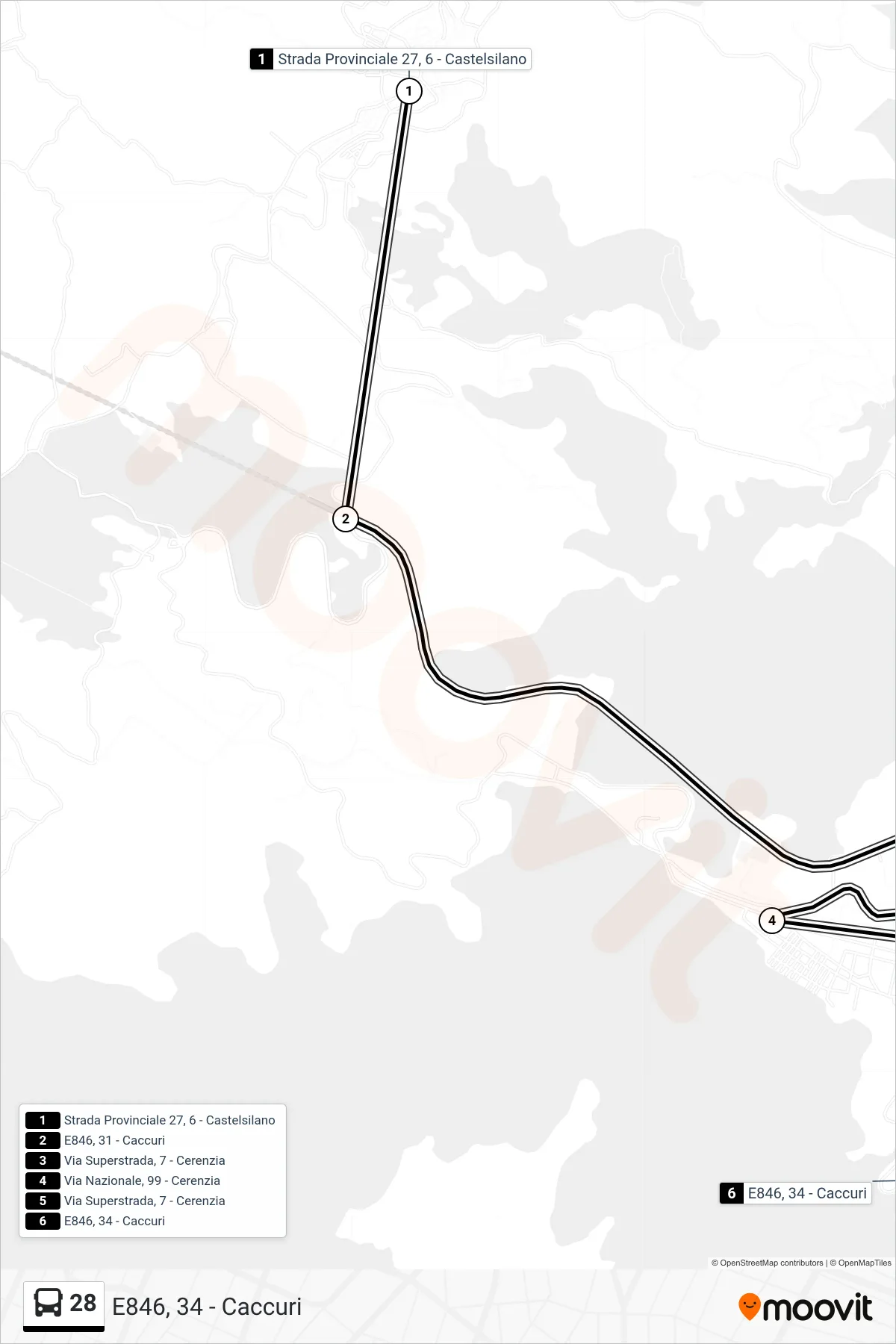 Linea 28  bus (E846, 34 - Caccuri) - Percorsi e fermate sulla mappa