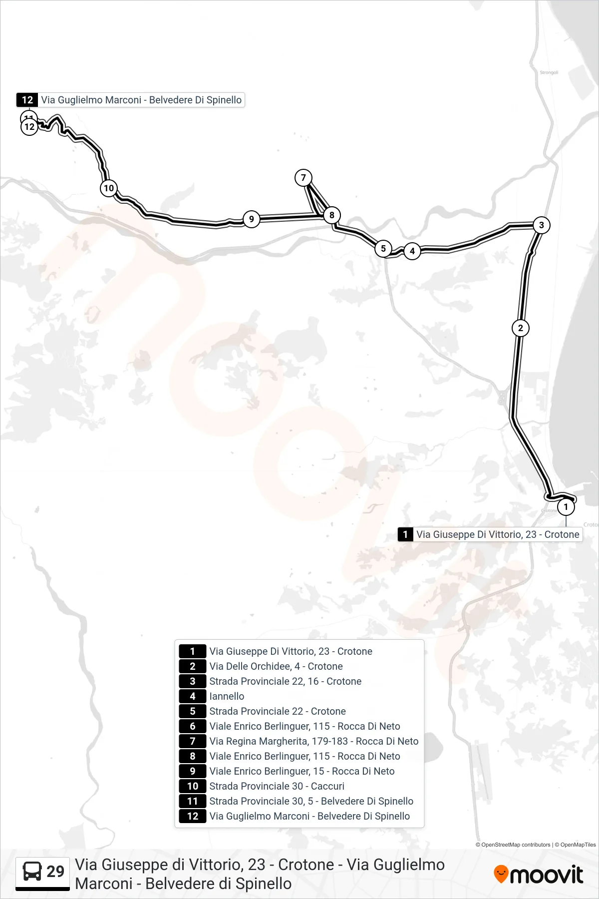 29 bus Line (Via Guglielmo Marconi - Belvedere Di Spinello) route and stops on a map
