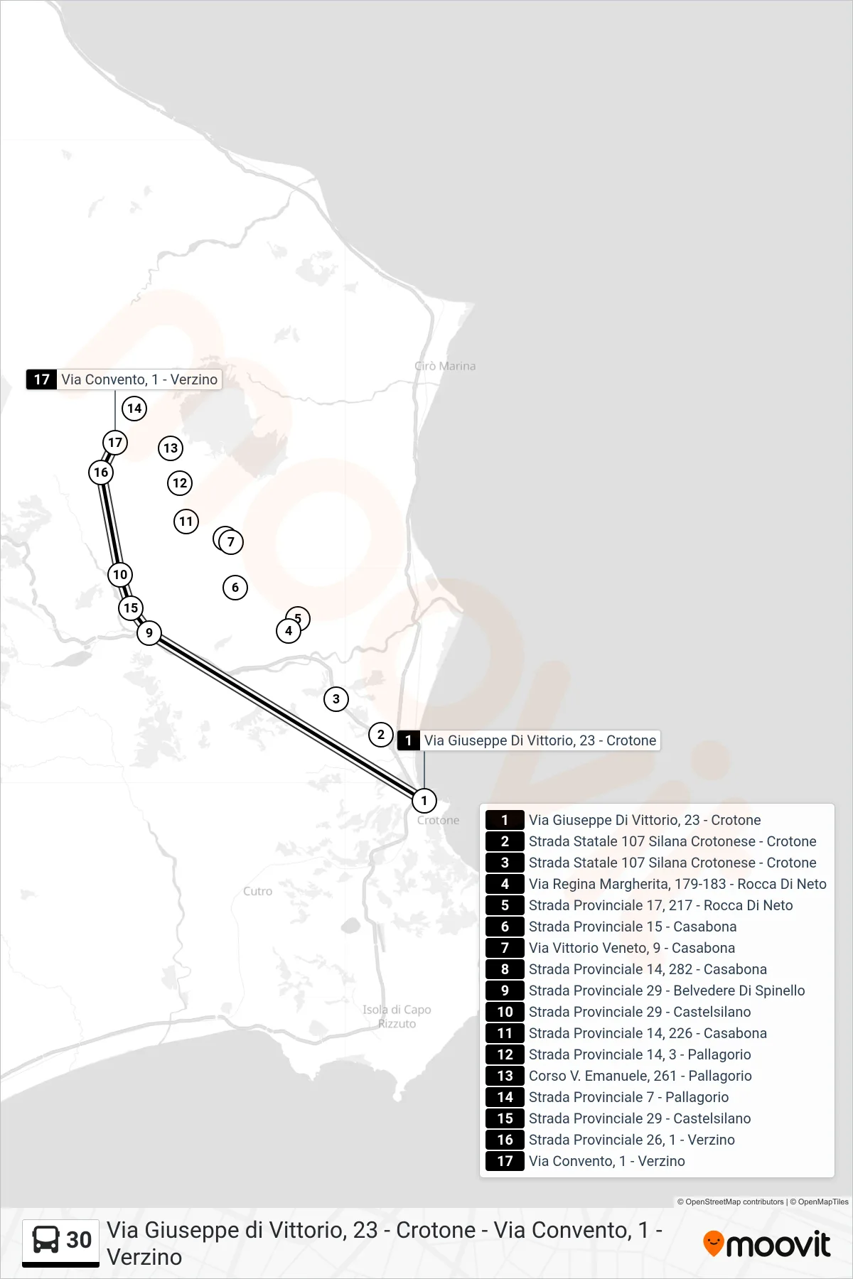 Linea 30 bus (Via Convento, 1 - Verzino) - Percorsi e fermate sulla mappa