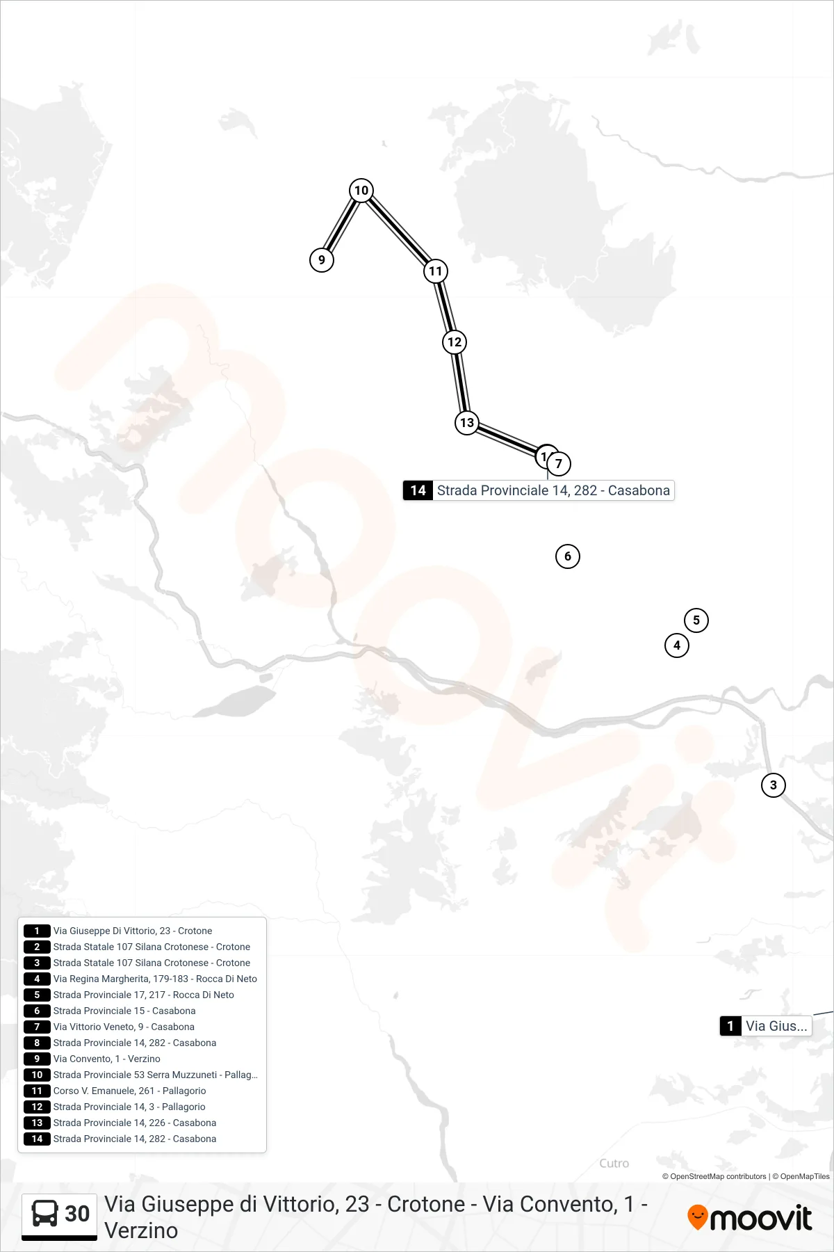 Linea 30 bus (Strada Provinciale 14, 282 - Casabona) - Percorsi e fermate sulla mappa