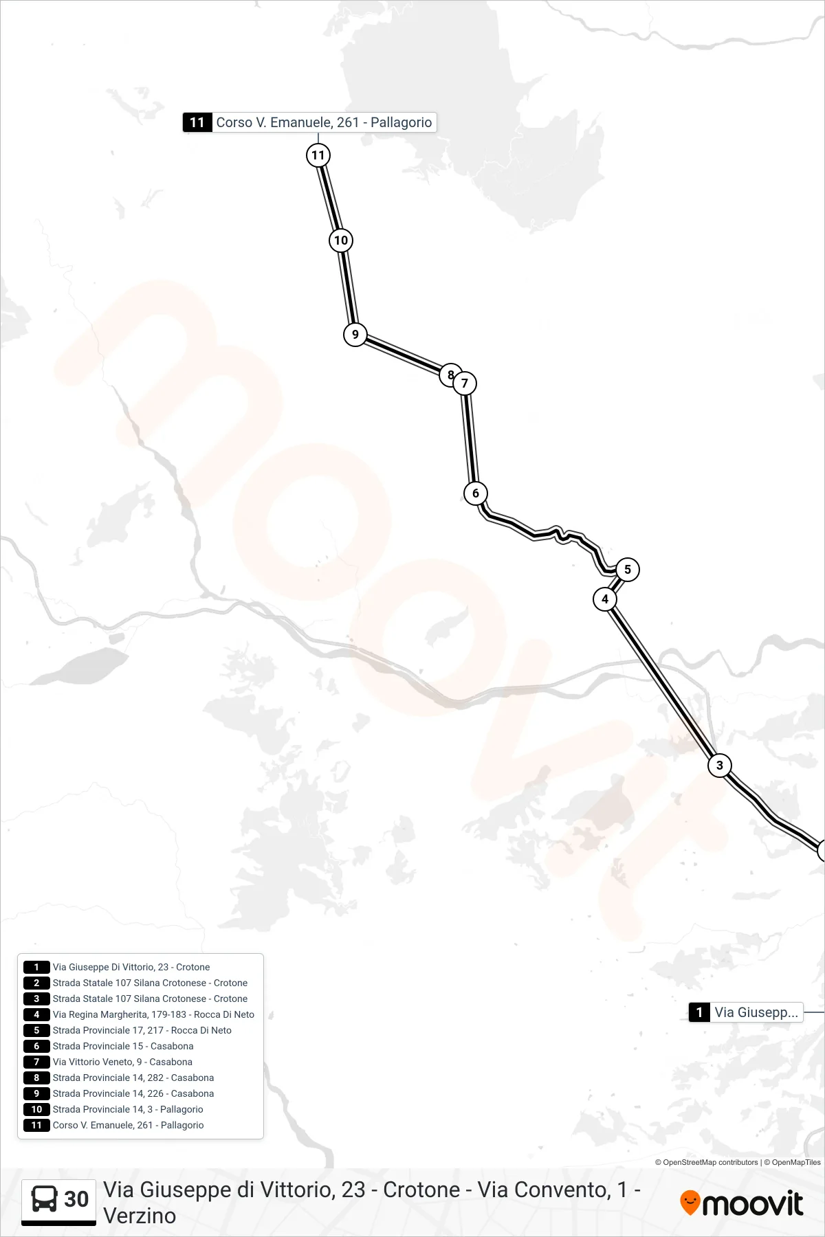 Linea 30  bus (Corso V. Emanuele, 261 - Pallagorio) - Percorsi e fermate sulla mappa