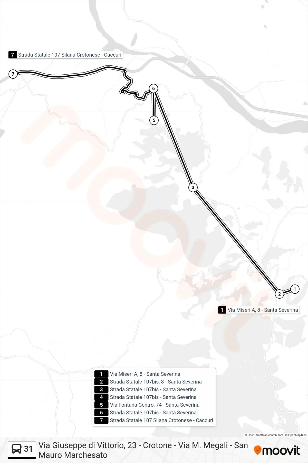 Linea 31 bus (Strada Statale 107 Silana Crotonese - Caccuri) - Percorsi e fermate sulla mappa
