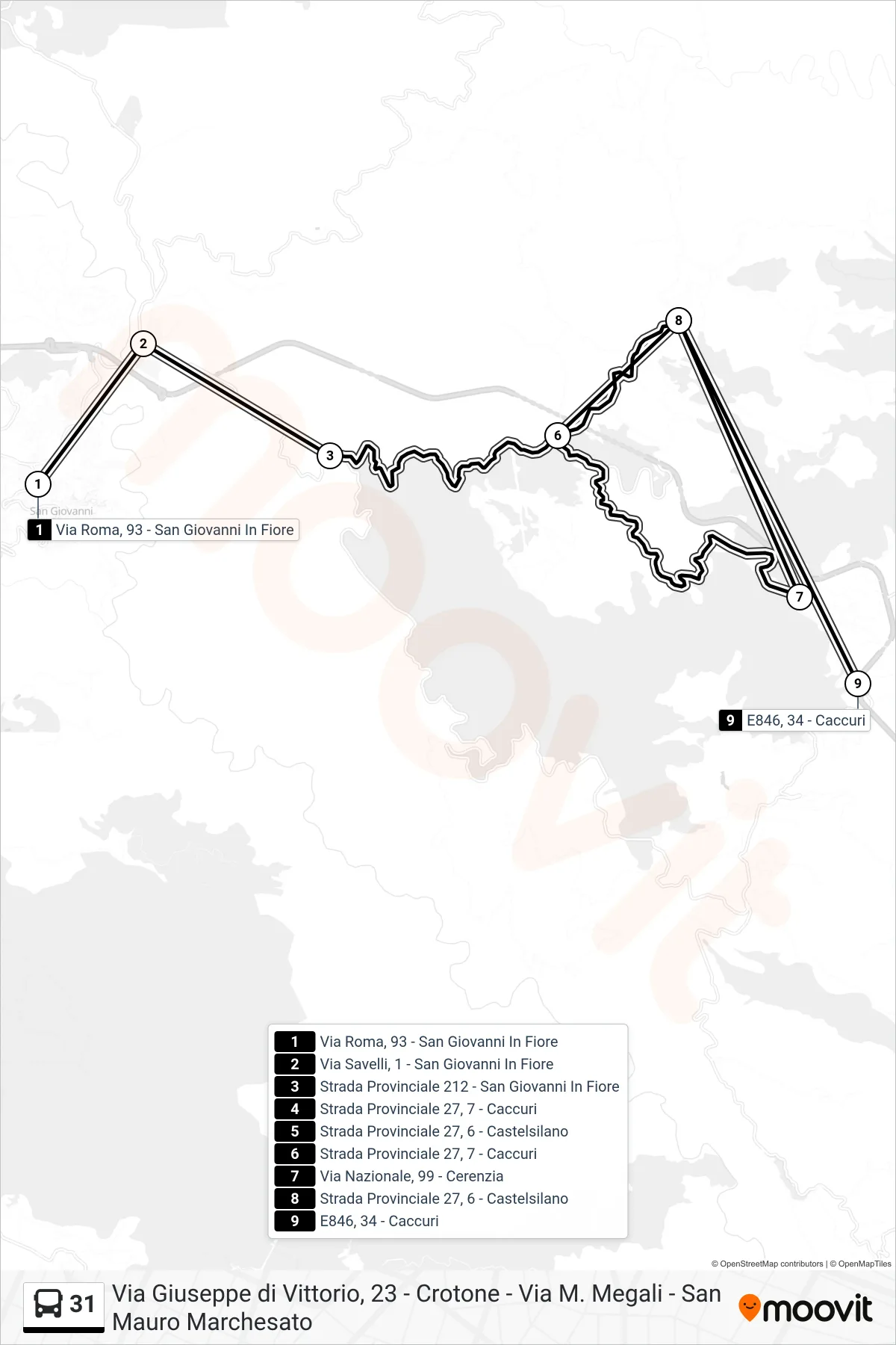 Linea 31  bus (E846, 34 - Caccuri) - Percorsi e fermate sulla mappa