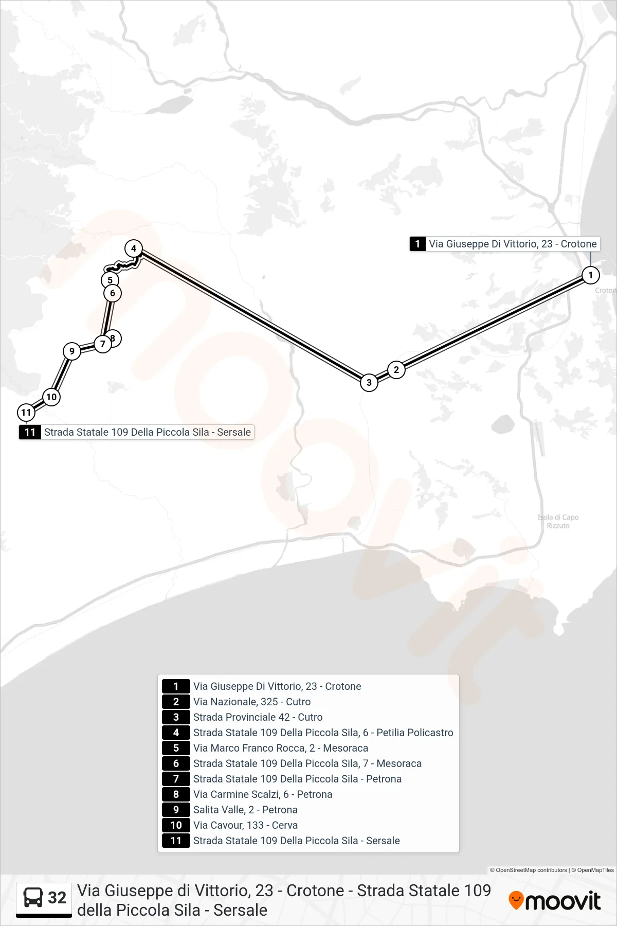 Linea 32 bus (Strada Statale 109 Della Piccola Sila - Sersale) - Percorsi e fermate sulla mappa