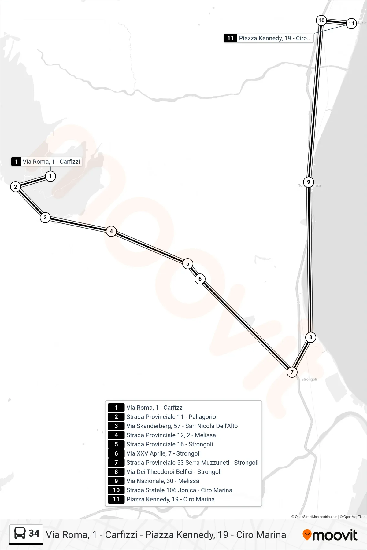 Linea 34 bus (Piazza Kennedy, 19 - Ciro Marina) - Percorsi e fermate sulla mappa