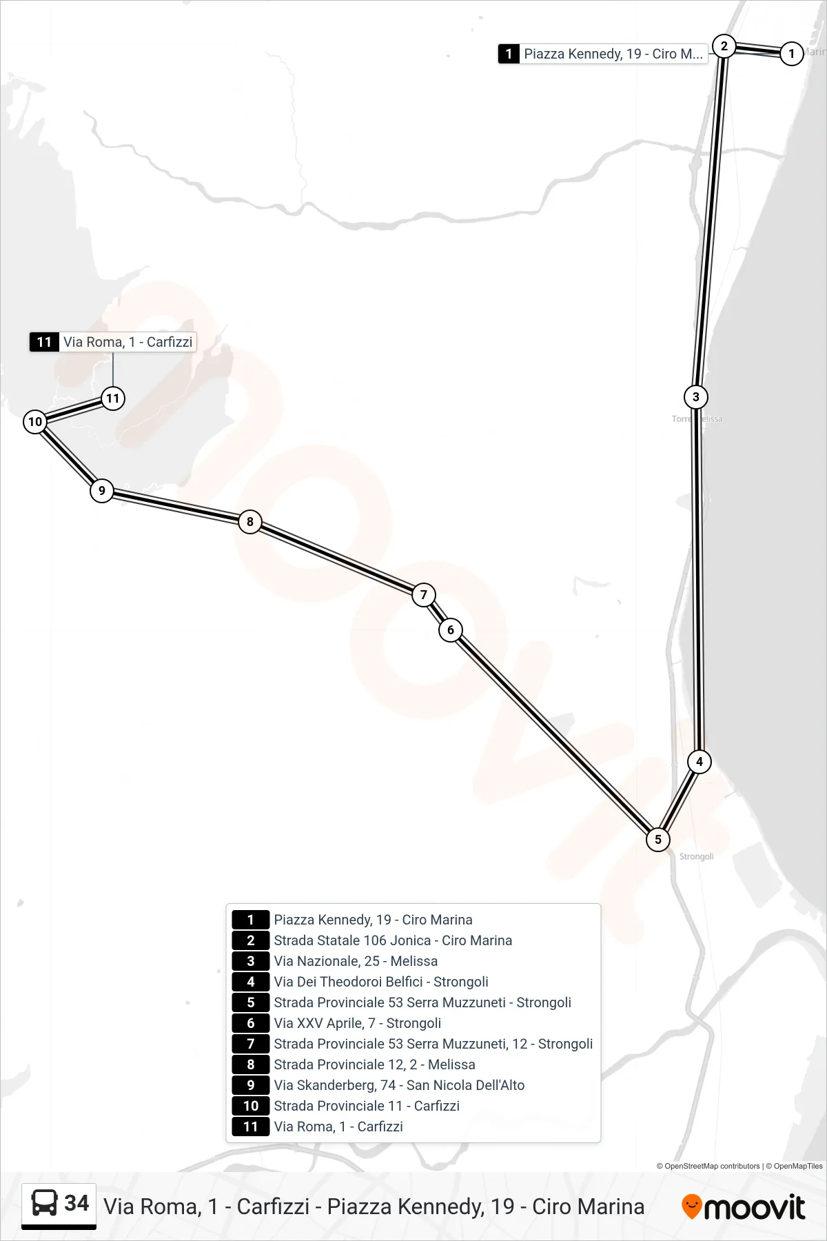 Linea 34  bus (Via Roma, 1 - Carfizzi) - Percorsi e fermate sulla mappa
