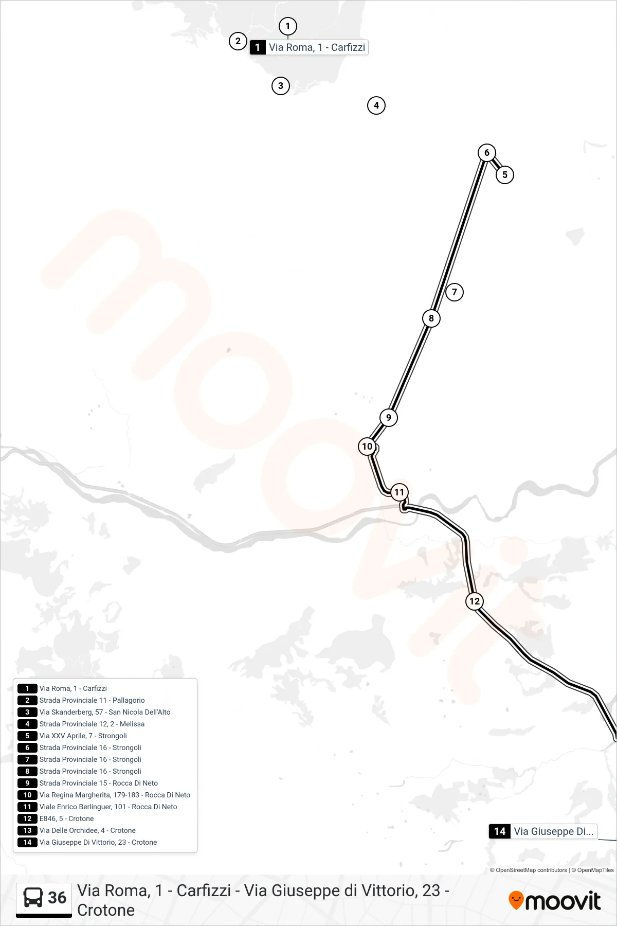Linea 36  bus (Via Giuseppe Di Vittorio, 23 - Crotone) - Percorsi e fermate sulla mappa