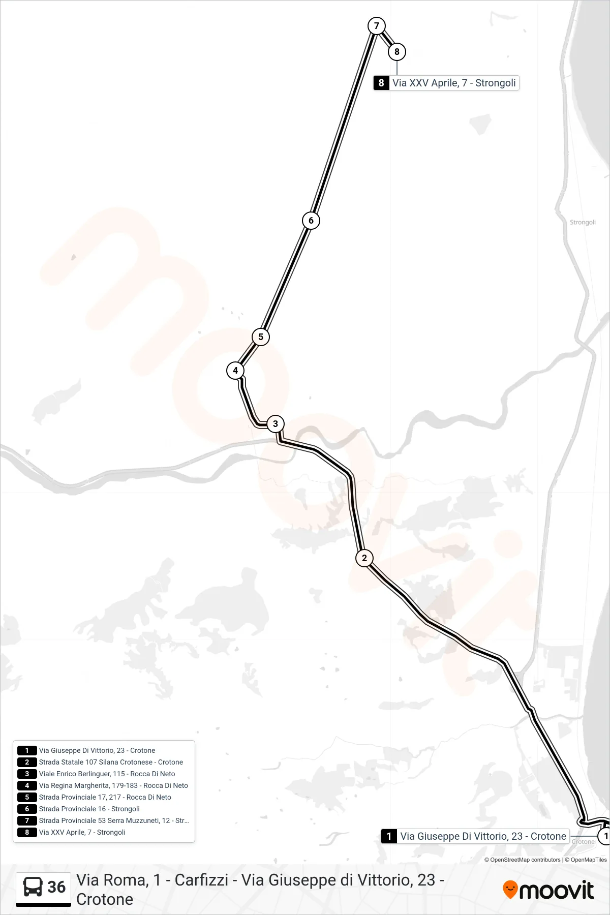 Linea 36 bus (Via XXV Aprile, 7 - Strongoli) - Percorsi e fermate sulla mappa