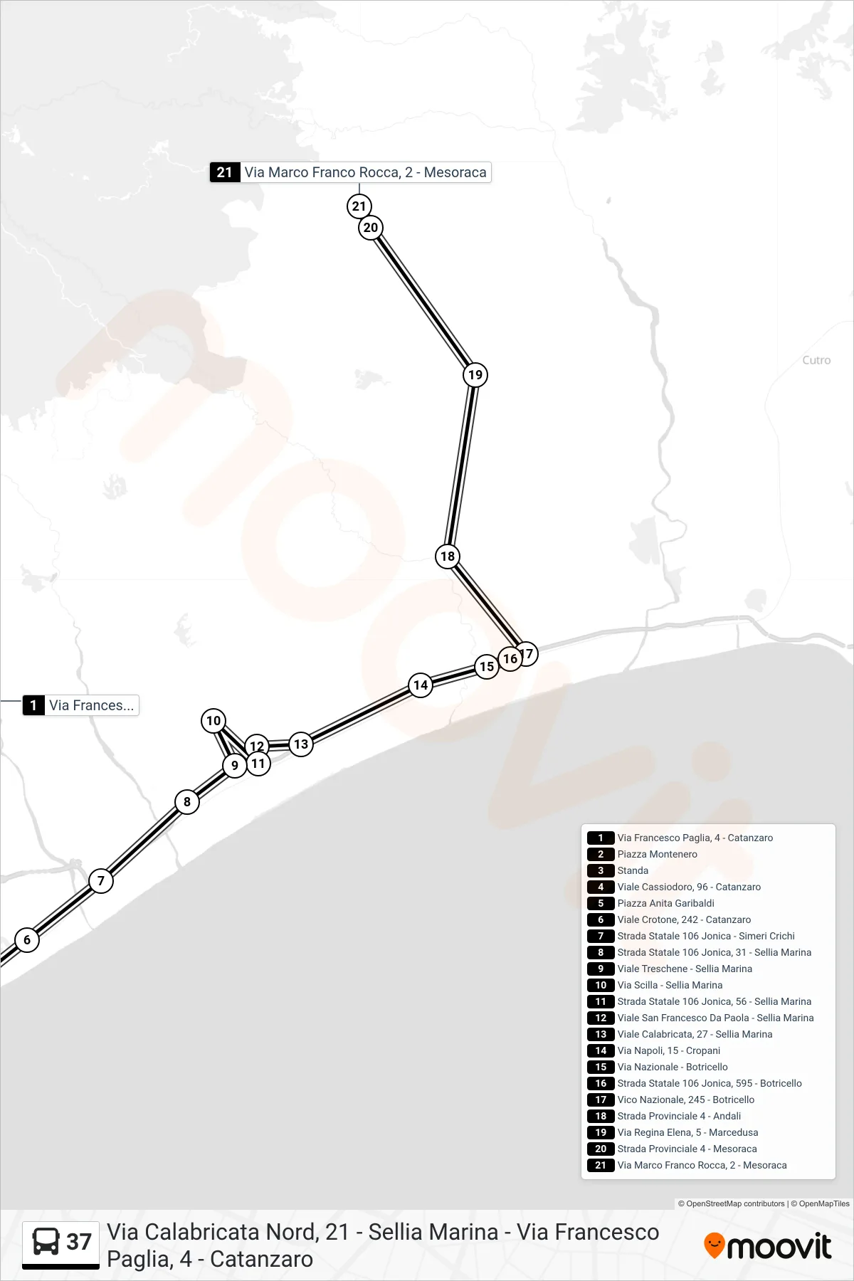 Linea 37 bus (Via Marco Franco Rocca, 2 - Mesoraca) - Percorsi e fermate sulla mappa