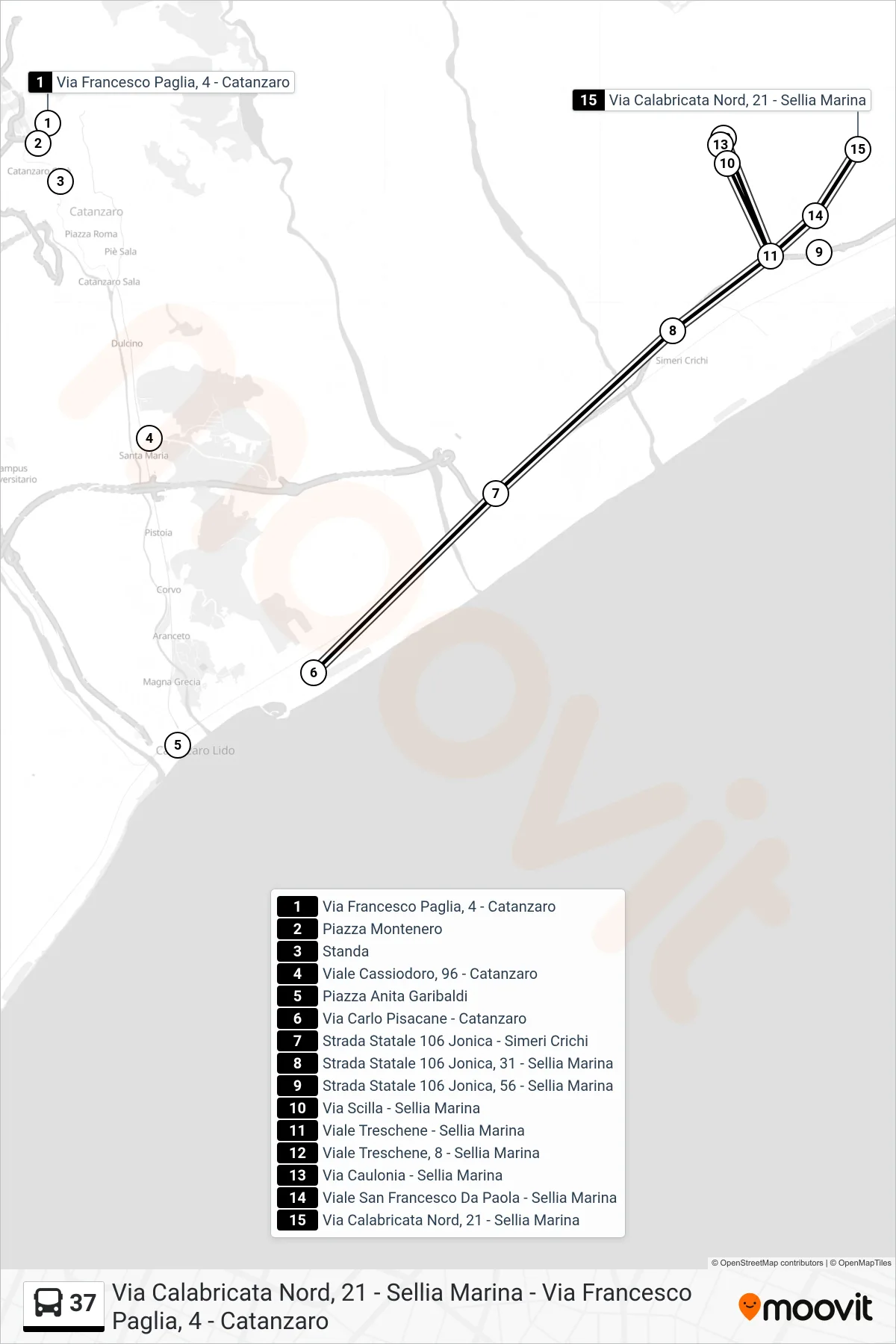 Linea 37 bus (Via Calabricata Nord, 21 - Sellia Marina) - Percorsi e fermate sulla mappa