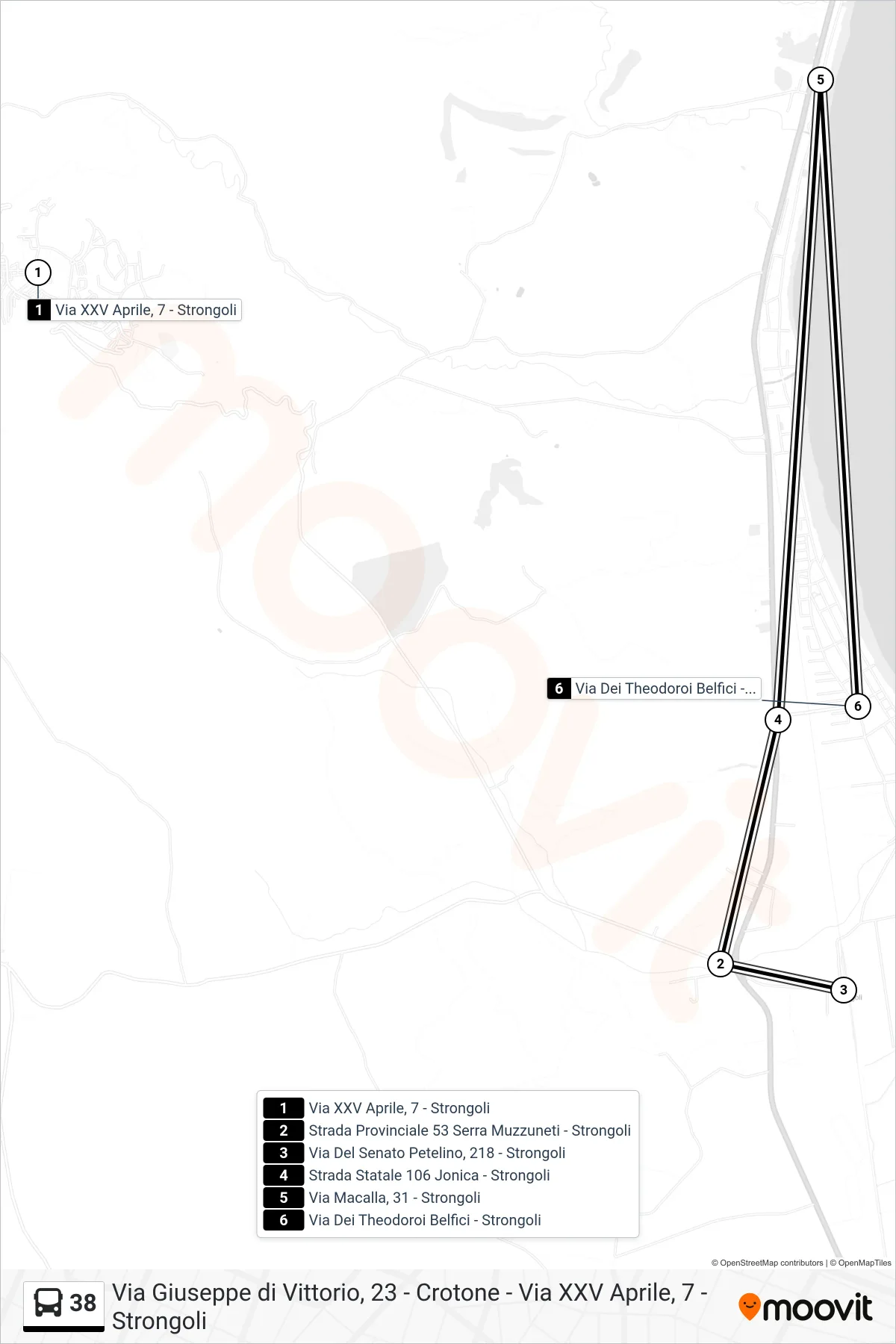 Linea 38  bus (Via Dei Theodoroi Belfici - Strongoli) - Percorsi e fermate sulla mappa