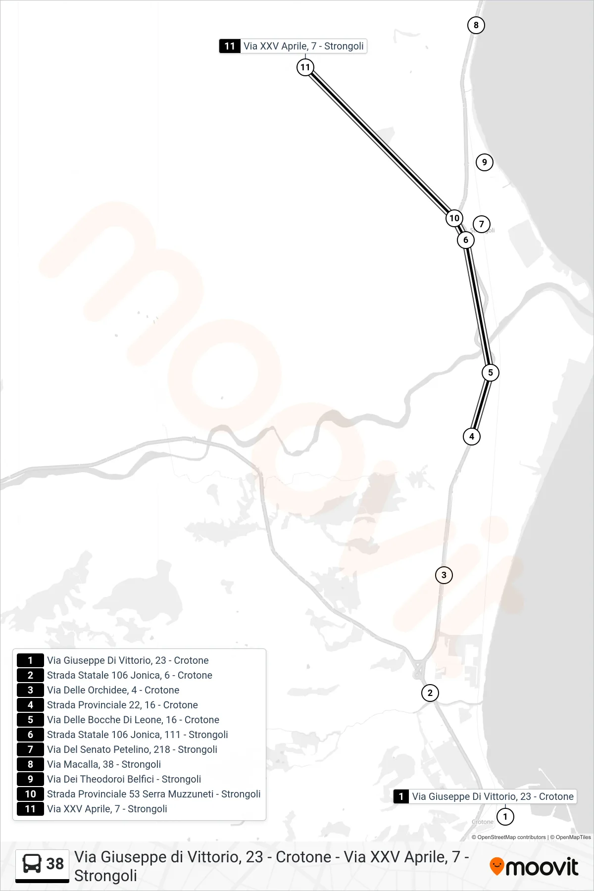 Linea 38 bus (Via XXV Aprile, 7 - Strongoli) - Percorsi e fermate sulla mappa