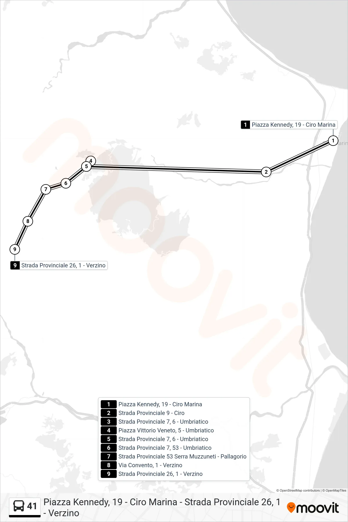 Linea 41 bus (Strada Provinciale 26, 1 - Verzino) - Percorsi e fermate sulla mappa
