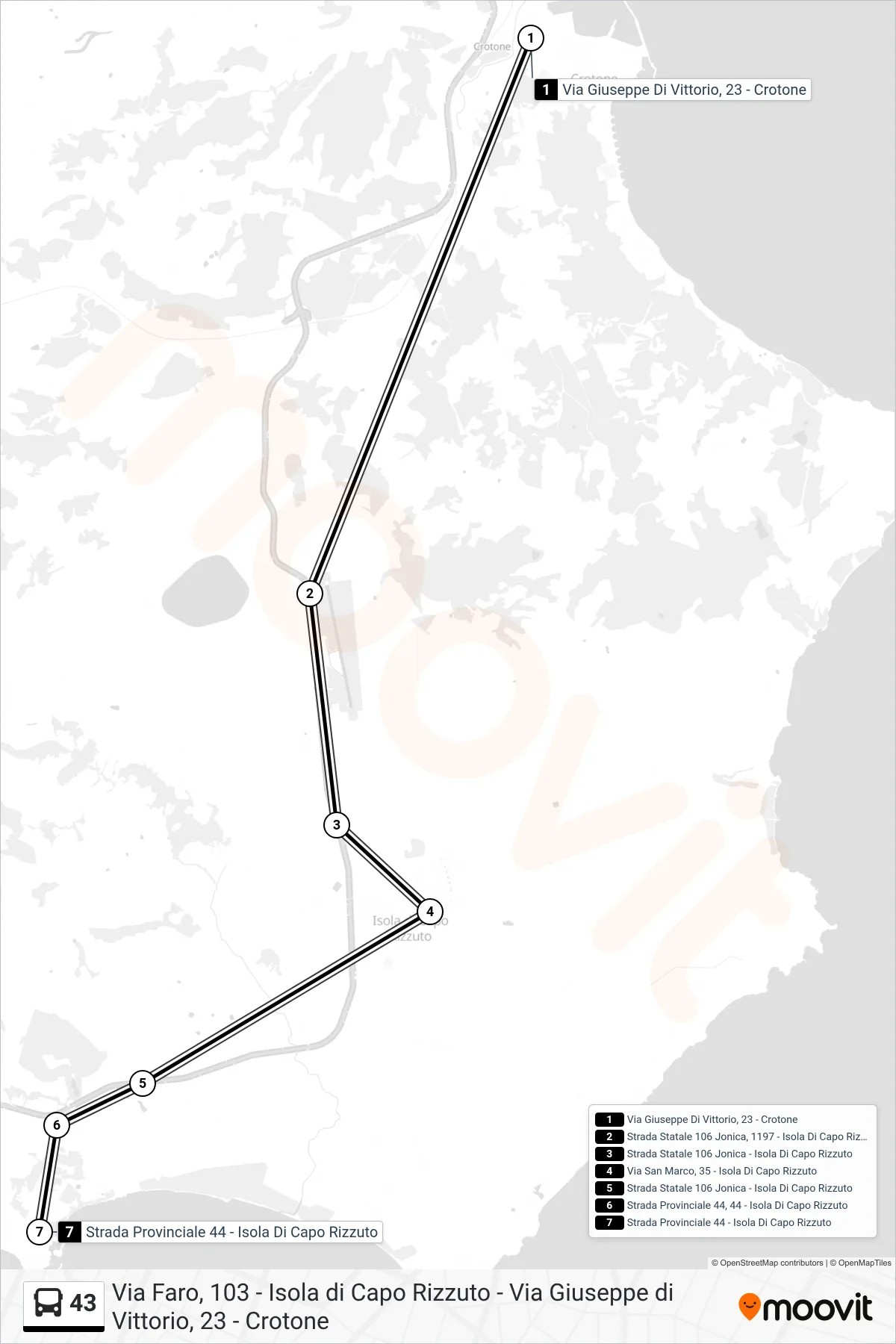 Linea 43 bus (Strada Provinciale 44 - Isola Di Capo Rizzuto) - Percorsi e fermate sulla mappa