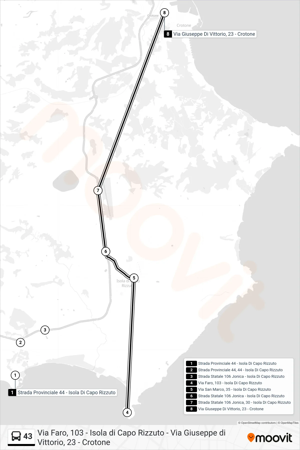 Linea 43  bus (Via Giuseppe Di Vittorio, 23 - Crotone) - Percorsi e fermate sulla mappa