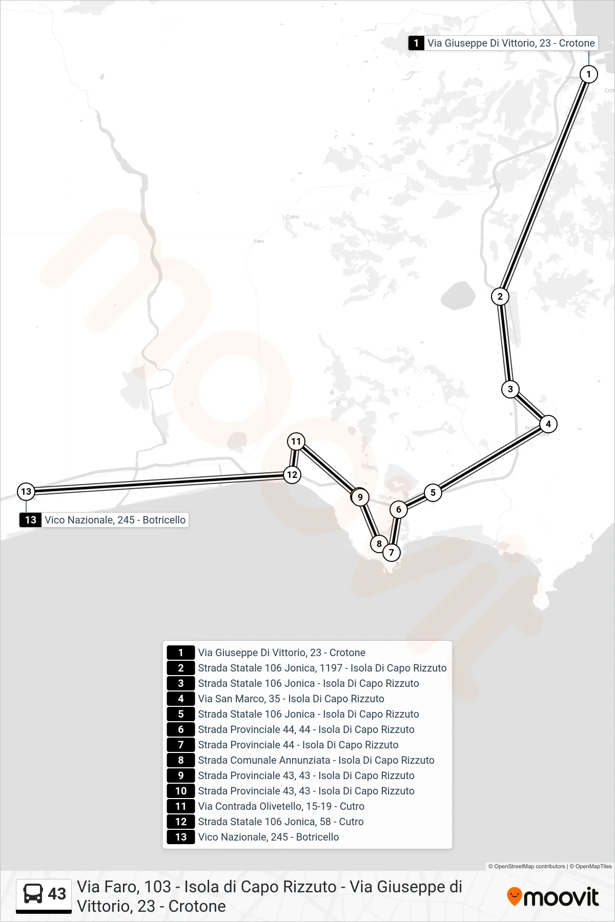 Linea 43 bus (Vico Nazionale, 245 - Botricello) - Percorsi e fermate sulla mappa