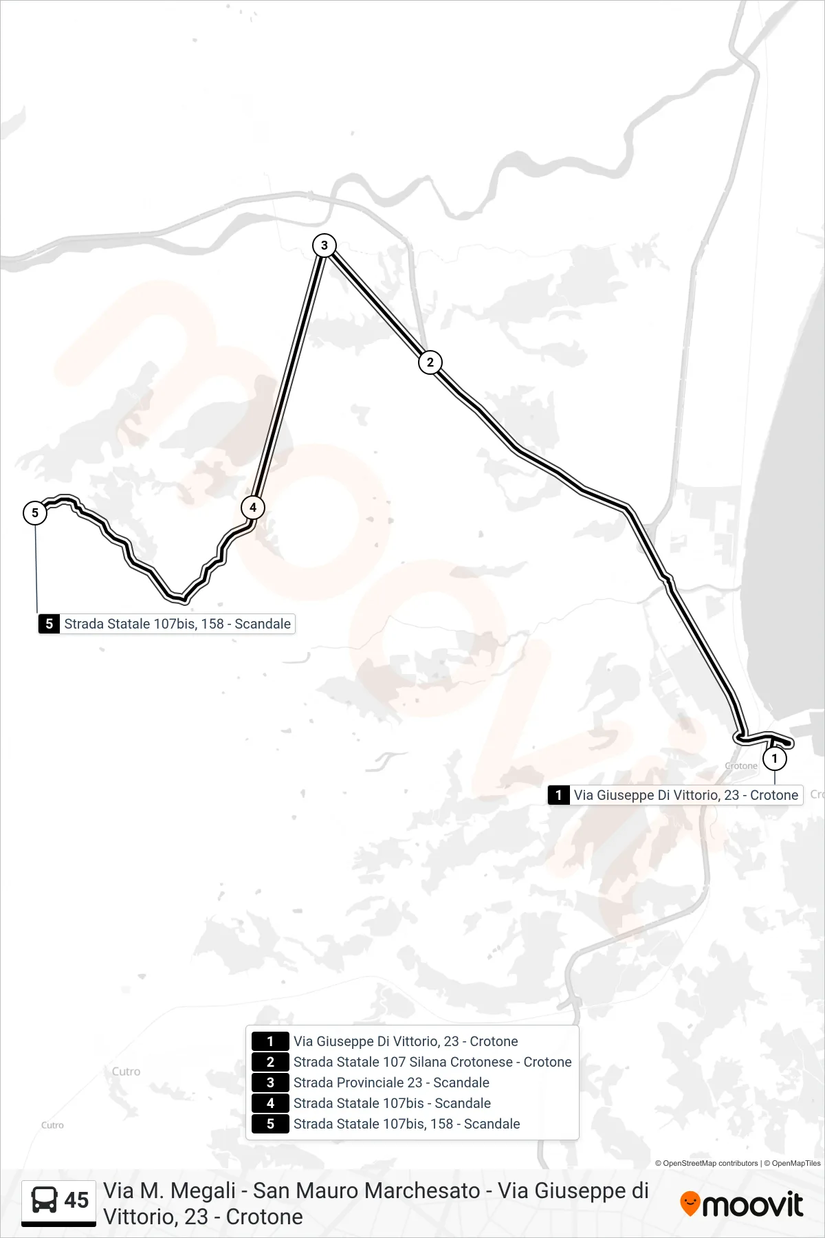 Linea 45  bus (Strada Statale 107bis, 158 - Scandale) - Percorsi e fermate sulla mappa