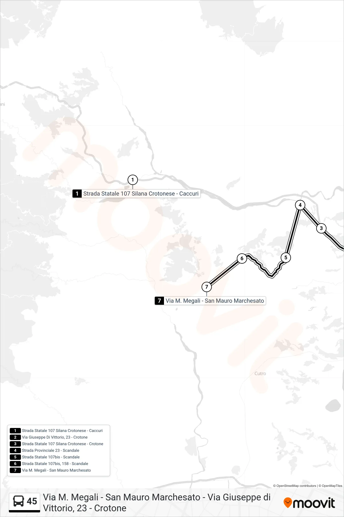 Linea 45  bus (Via M. Megali - San Mauro Marchesato) - Percorsi e fermate sulla mappa