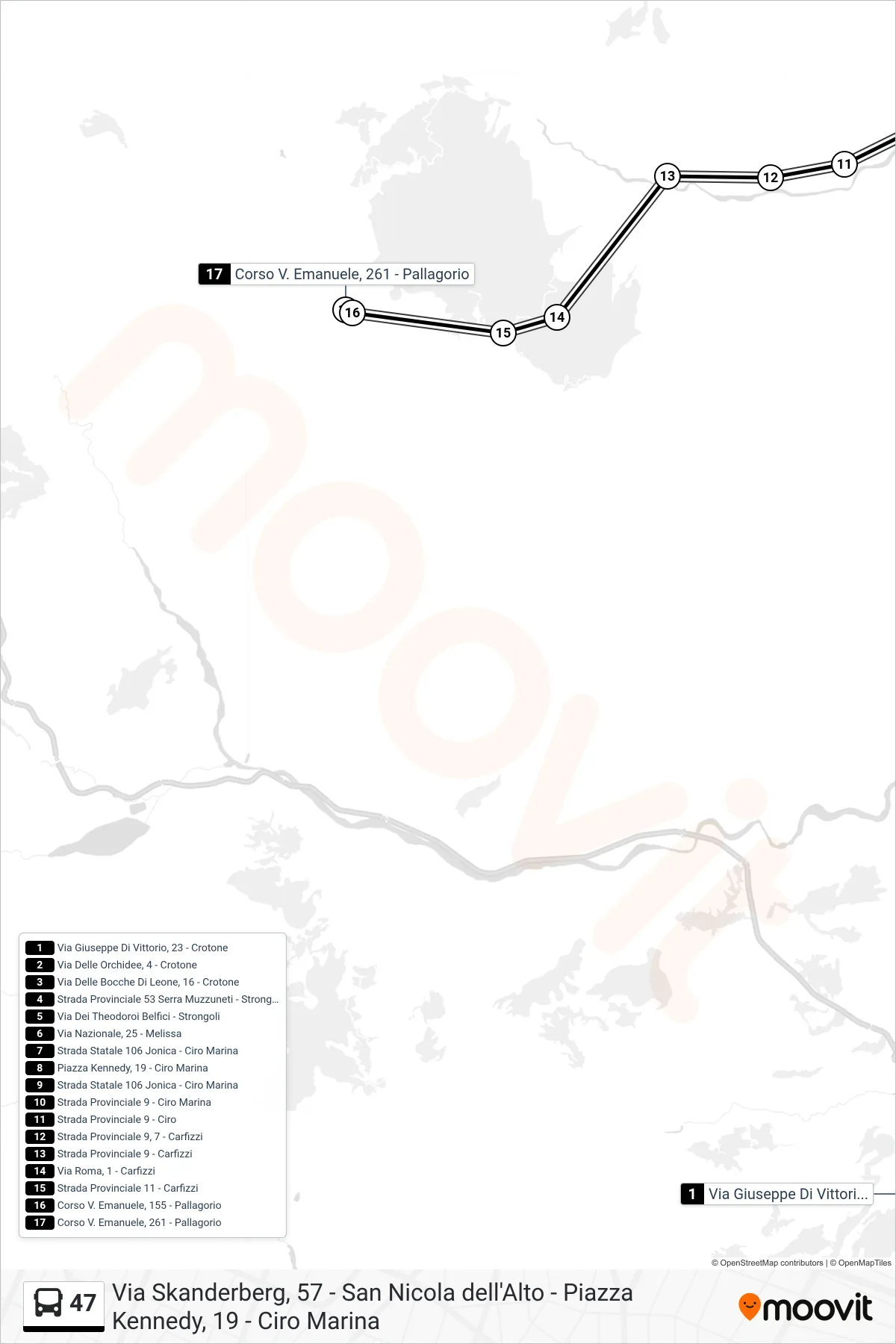 Linea 47 bus (Corso V. Emanuele, 261 - Pallagorio) - Percorsi e fermate sulla mappa