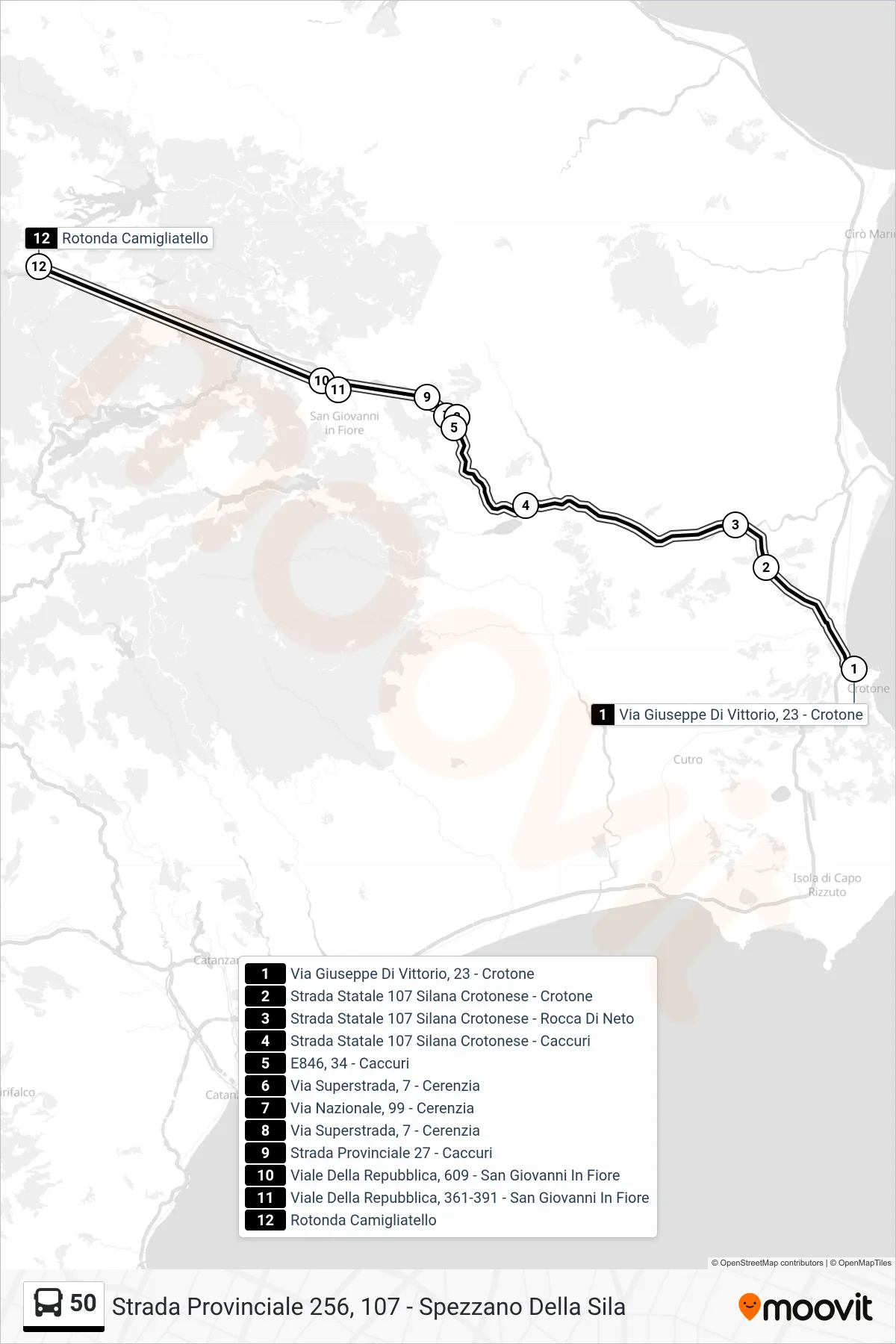 Linea 50 bus (Strada Provinciale 256, 107 - Spezzano Della Sila) - Percorsi e fermate sulla mappa