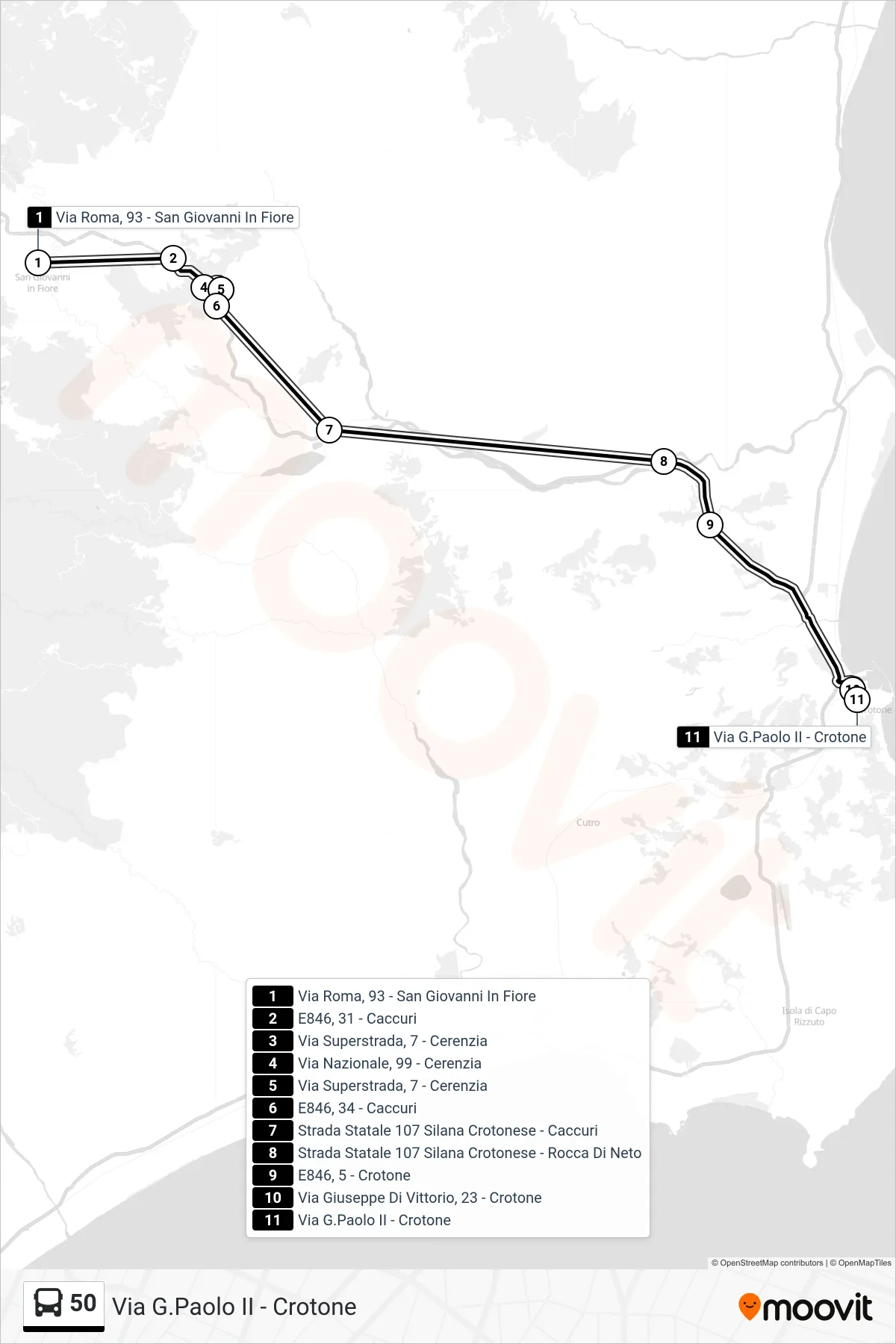 Linea 50  bus (Via G.Paolo II - Crotone) - Percorsi e fermate sulla mappa