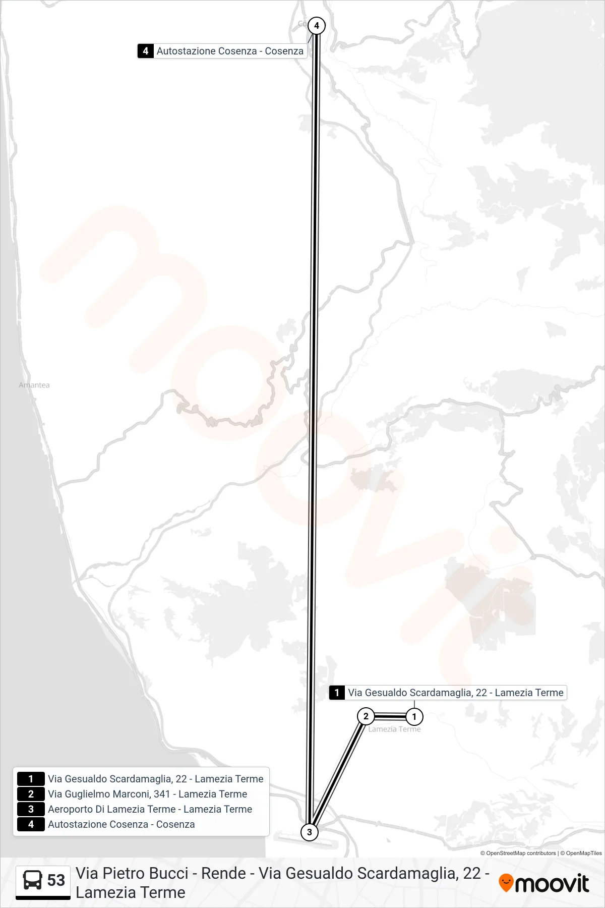Linea 53 bus (Autostazione Cosenza - Cosenza) - Percorsi e fermate sulla mappa