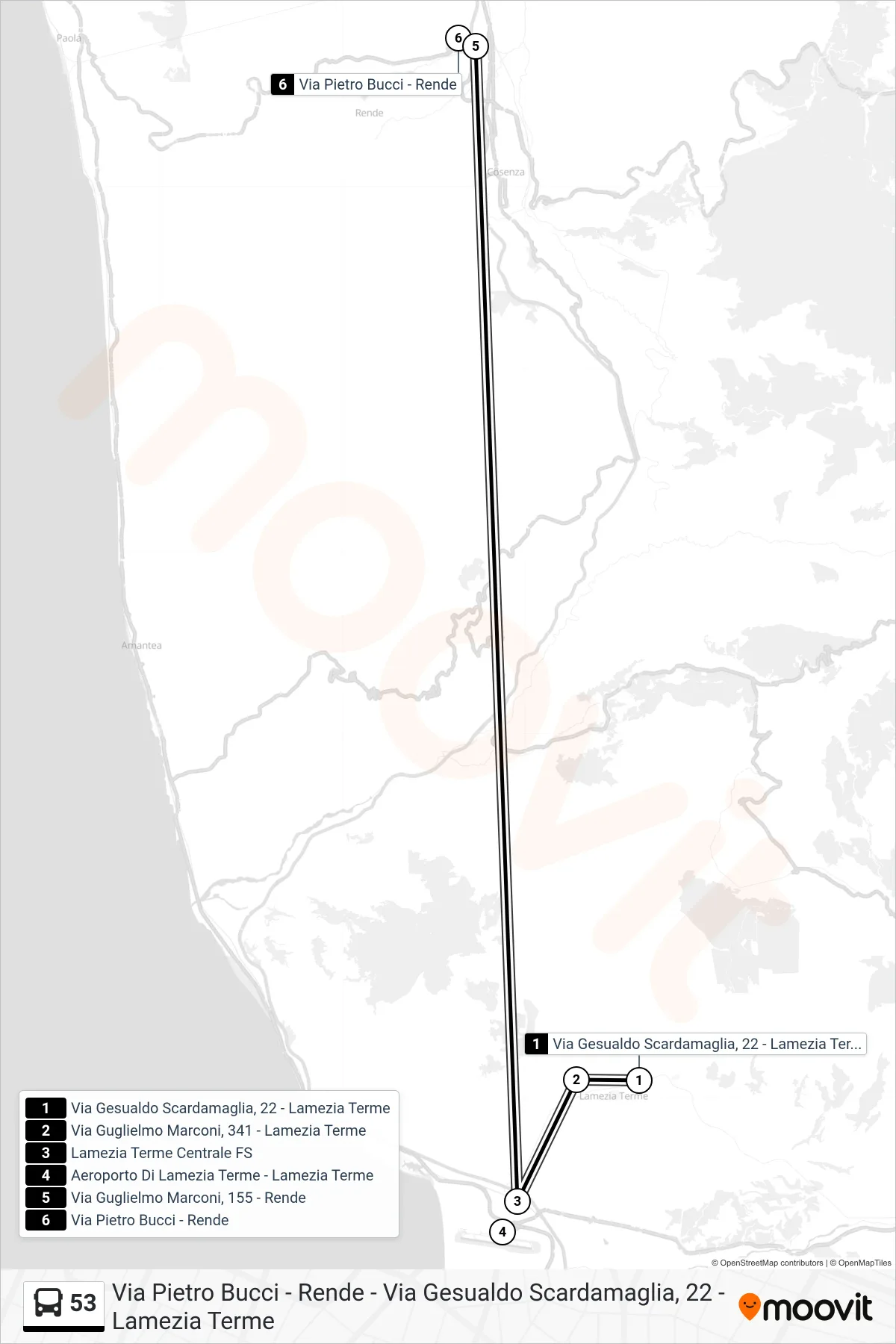 Linea 53 bus (Via Pietro Bucci - Rende) - Percorsi e fermate sulla mappa