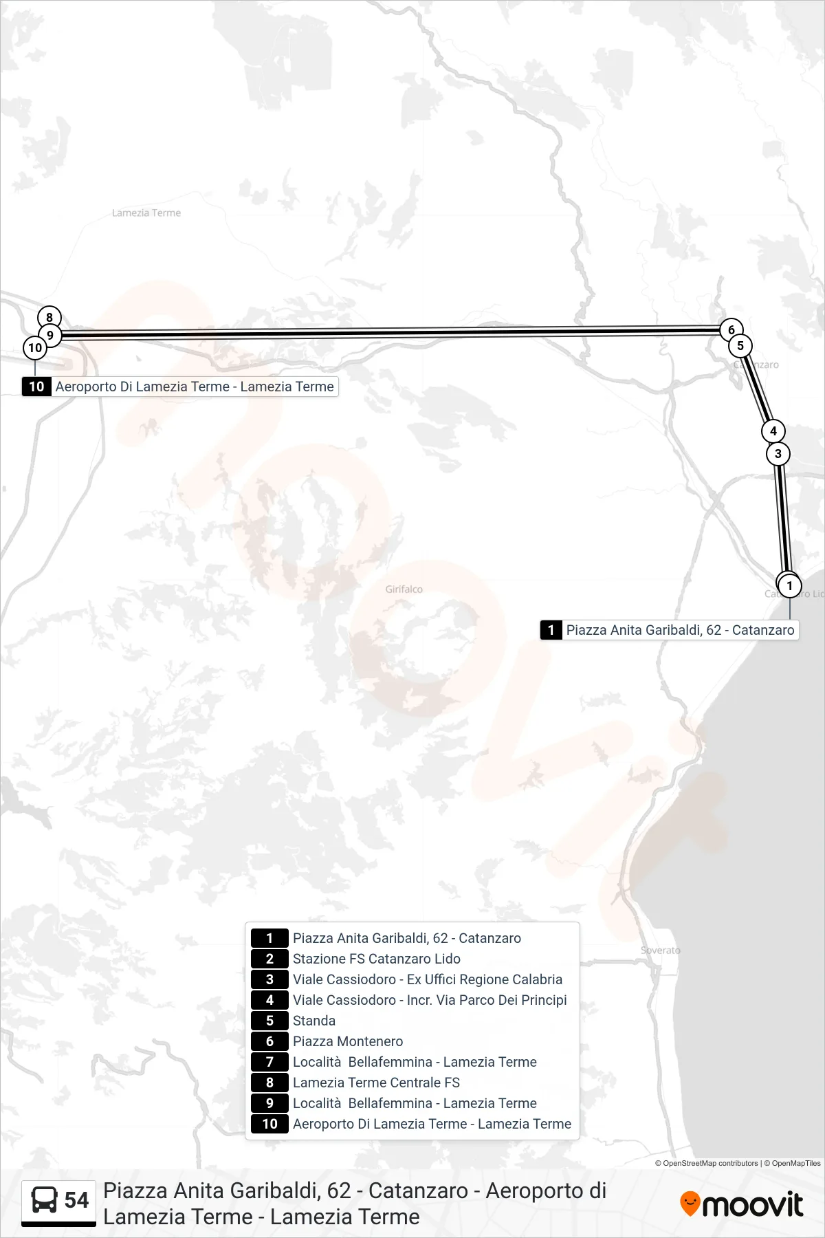 Linea 54 bus (Aeroporto Di Lamezia Terme - Lamezia Terme) - Percorsi e fermate sulla mappa