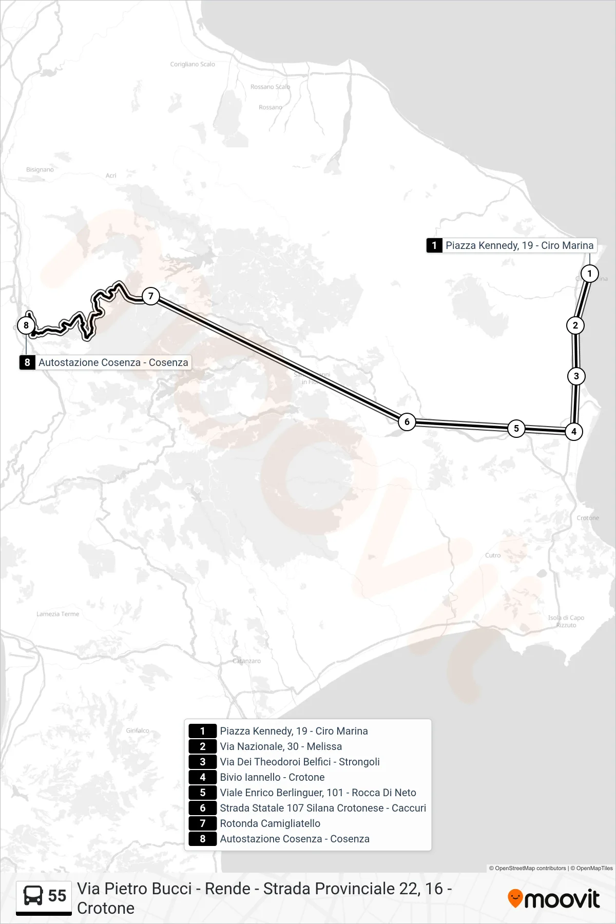 Linea 55  bus (Autostazione Cosenza - Cosenza) - Percorsi e fermate sulla mappa