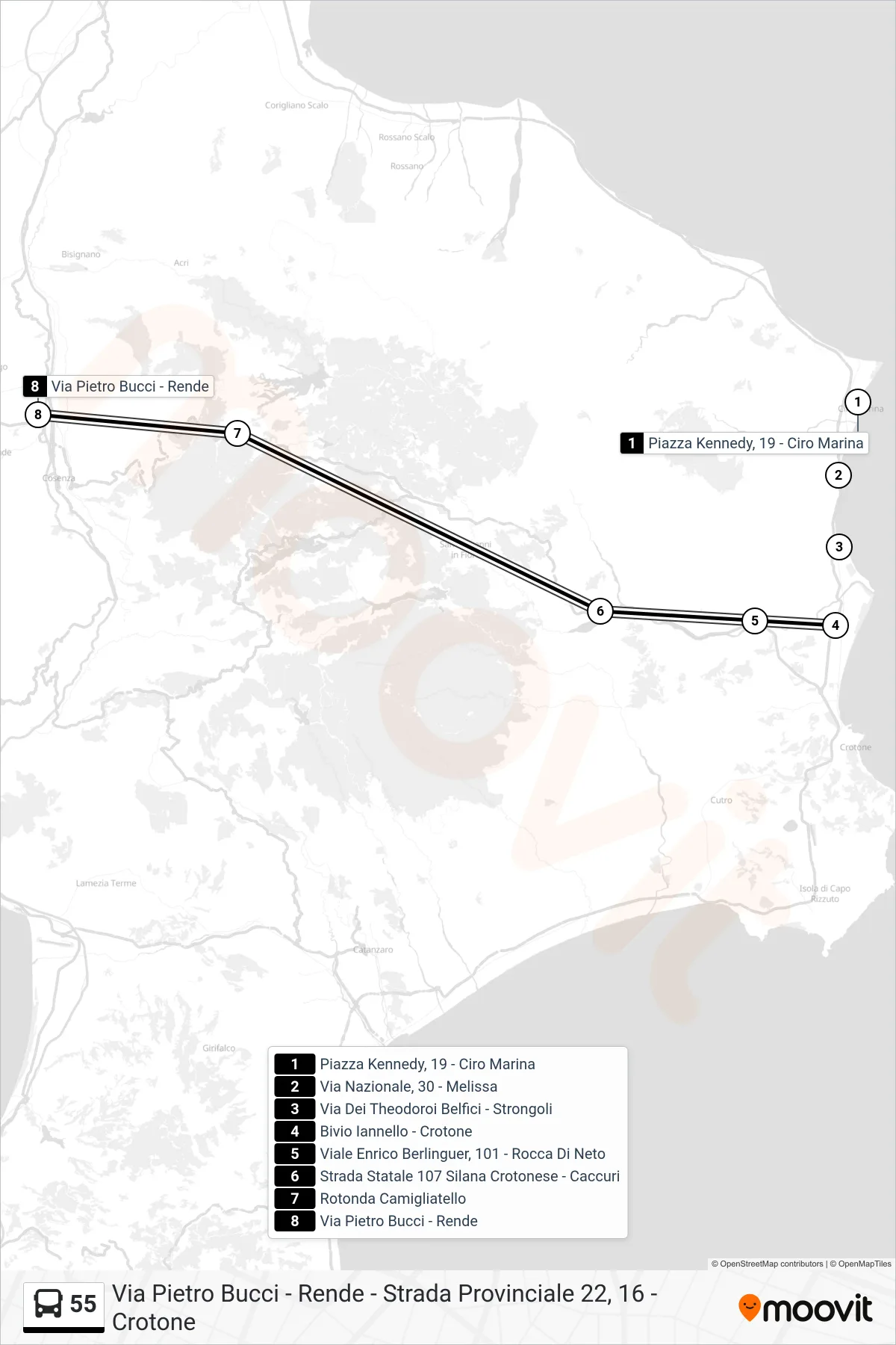 Linea 55  bus (Via Pietro Bucci - Rende) - Percorsi e fermate sulla mappa