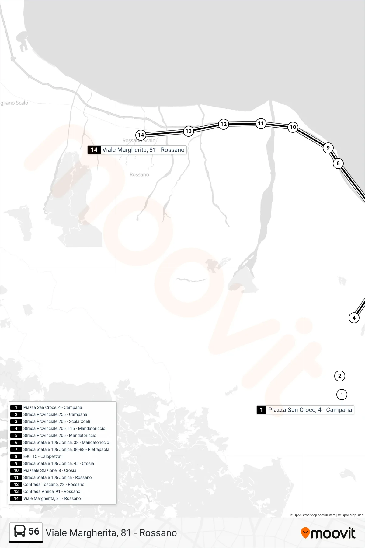Linea 56  bus (Viale Margherita, 81 - Rossano) - Percorsi e fermate sulla mappa
