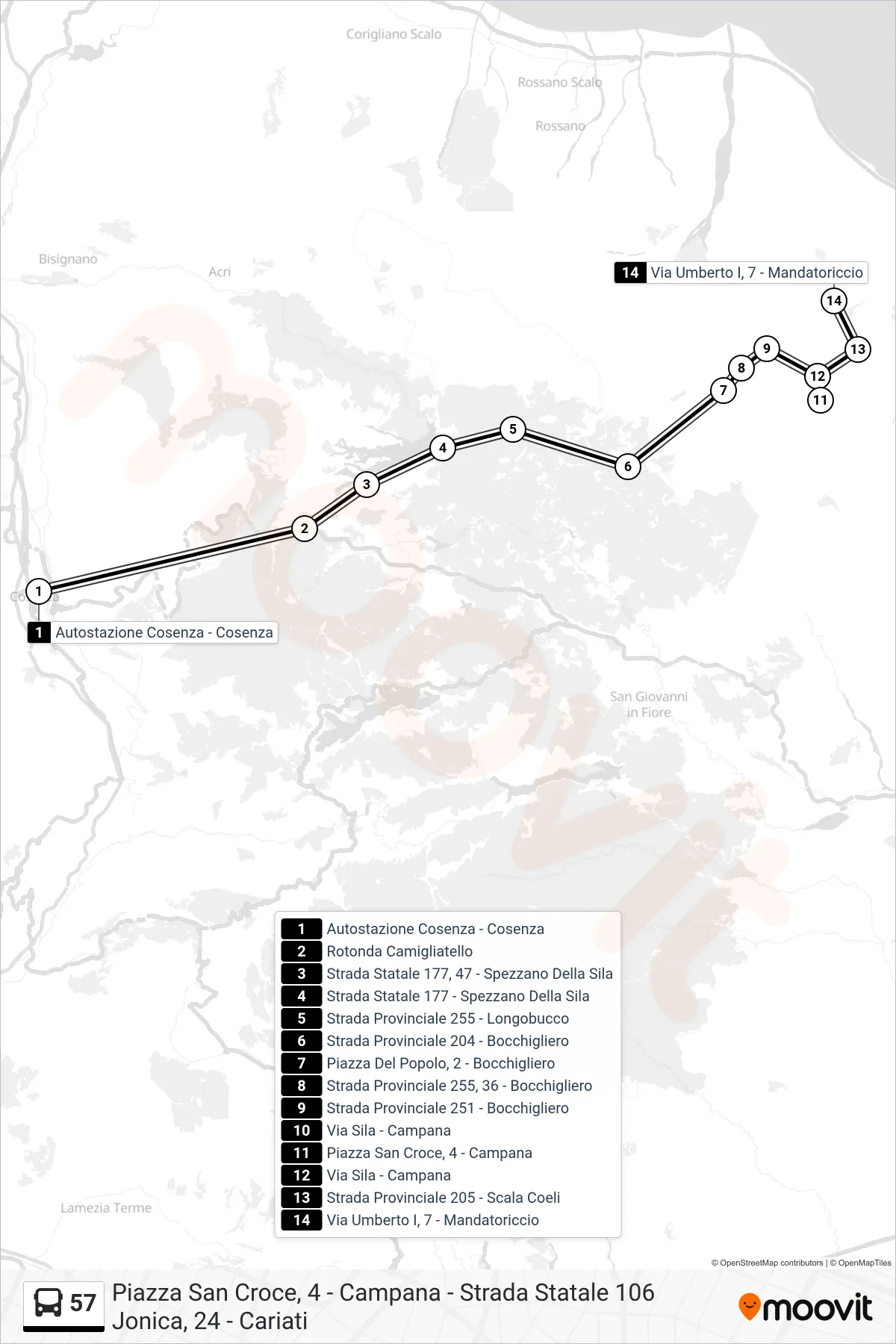Linea 57 bus (Via Umberto I, 7 - Mandatoriccio) - Percorsi e fermate sulla mappa