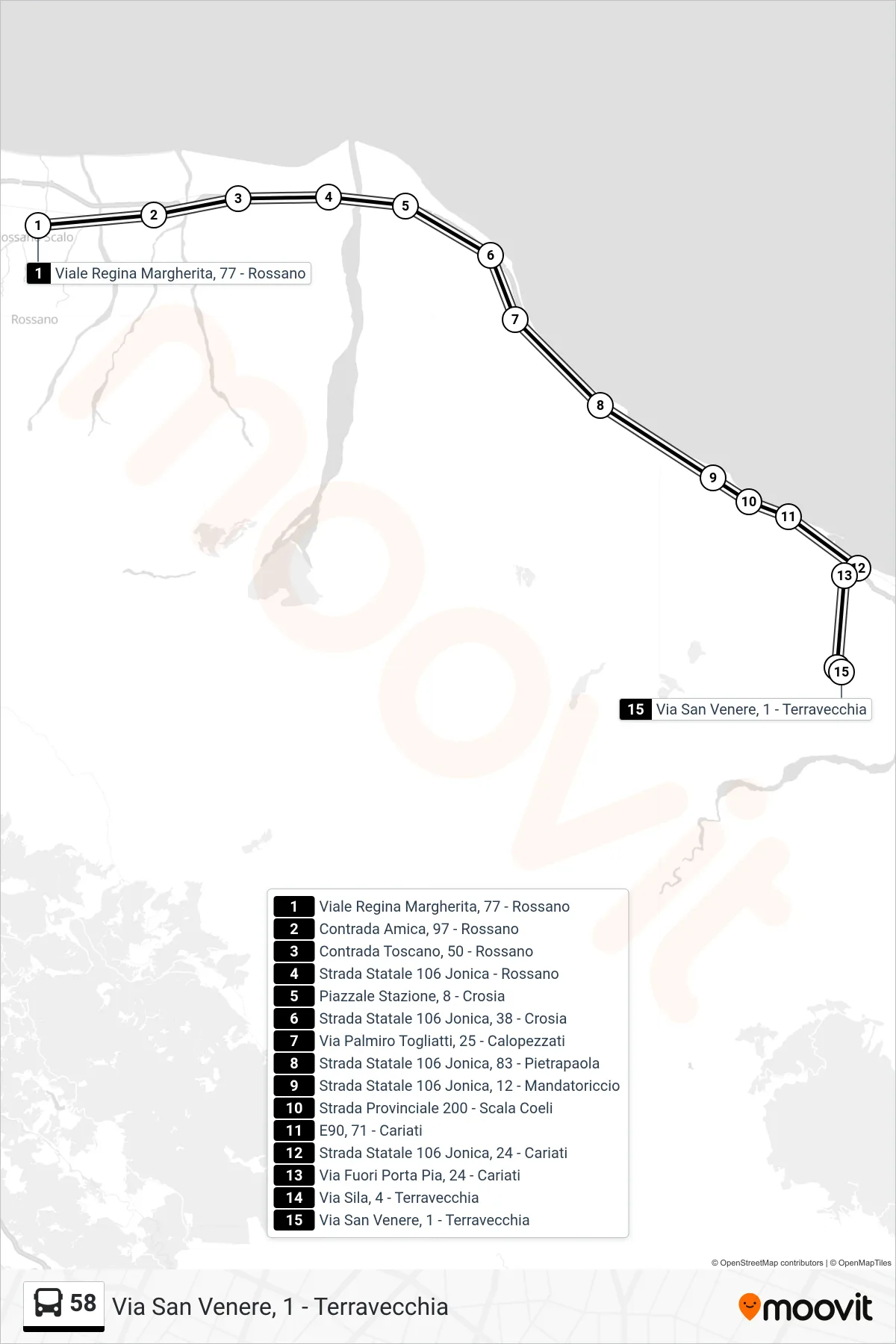 Linea 58 bus (Via San Venere, 1 - Terravecchia) - Percorsi e fermate sulla mappa