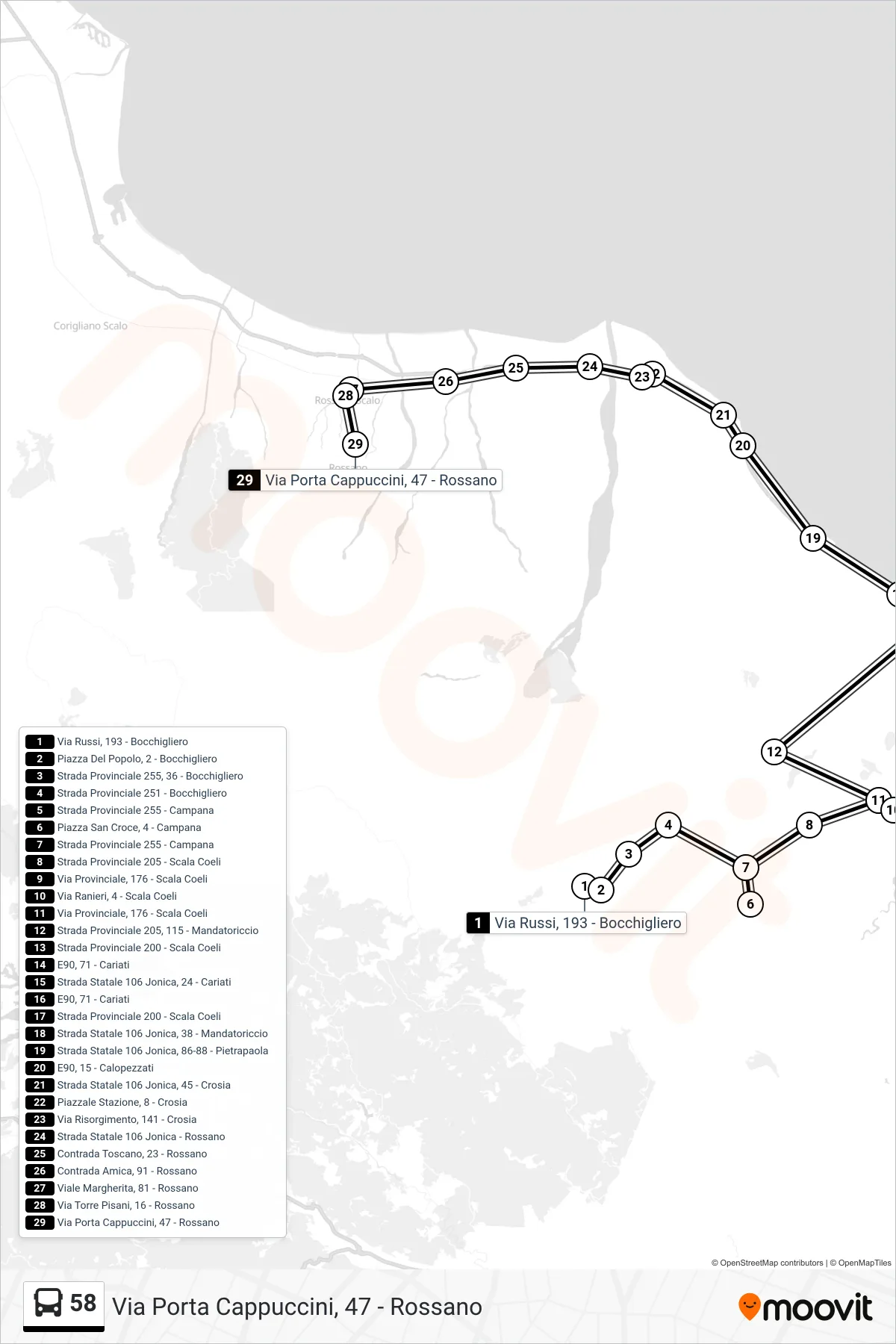 Linea 58 bus (Via Porta Cappuccini, 47 - Rossano) - Percorsi e fermate sulla mappa