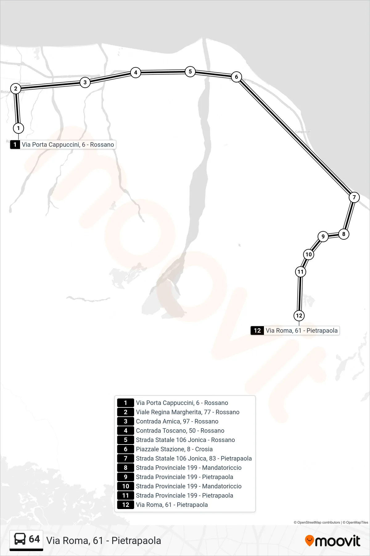 Linea 64 bus (Via Roma, 61 - Pietrapaola) - Percorsi e fermate sulla mappa