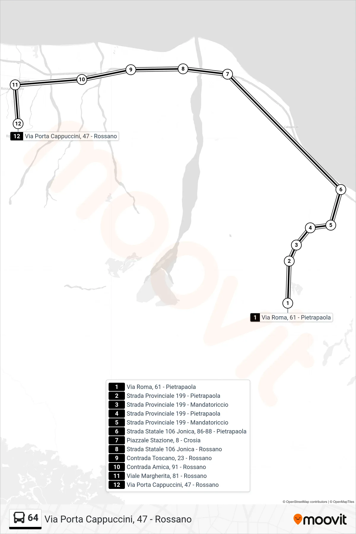 Linea 64 bus (Via Porta Cappuccini, 47 - Rossano) - Percorsi e fermate sulla mappa