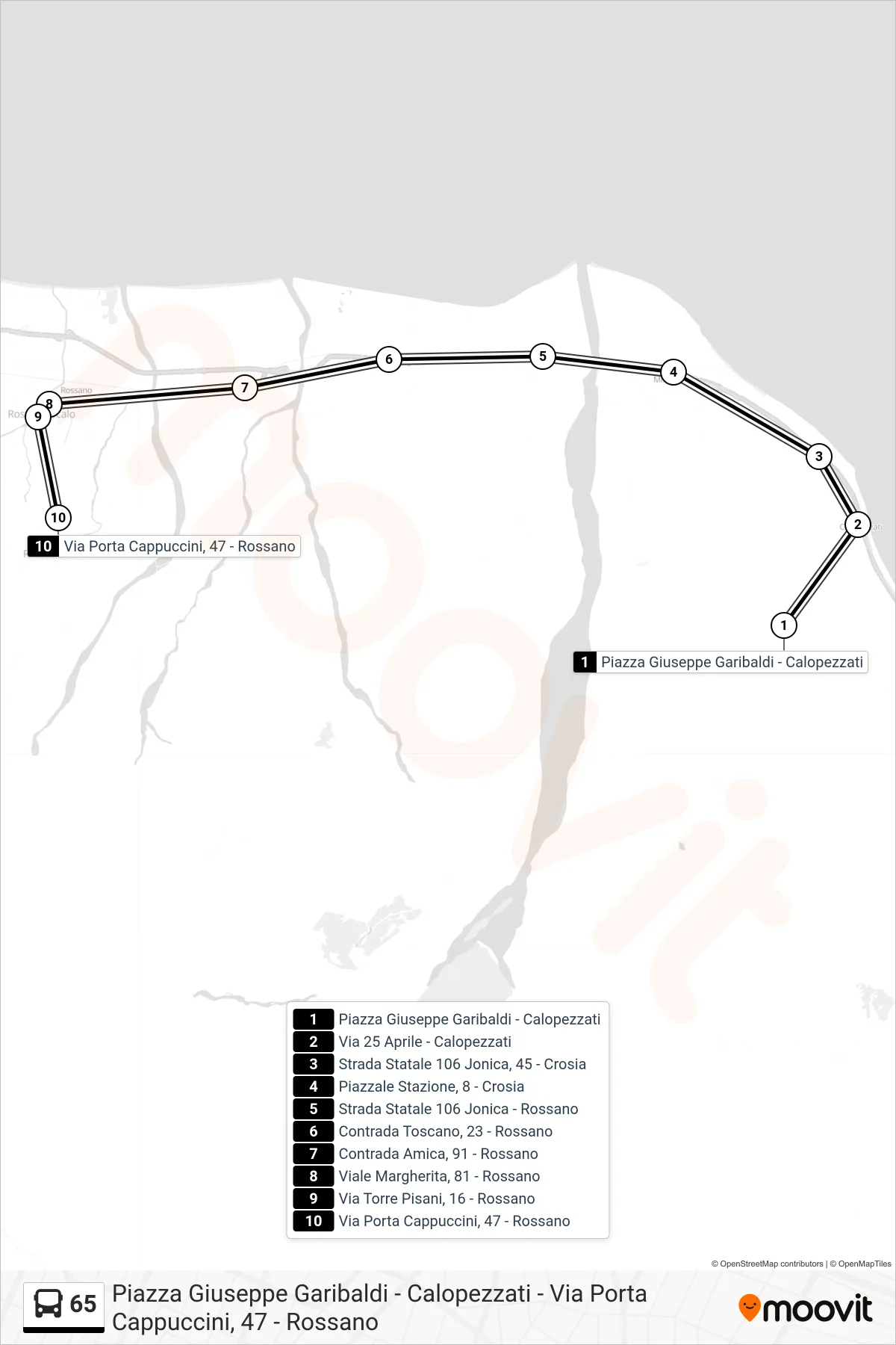 Linea 65  bus (Via Porta Cappuccini, 47 - Rossano) - Percorsi e fermate sulla mappa