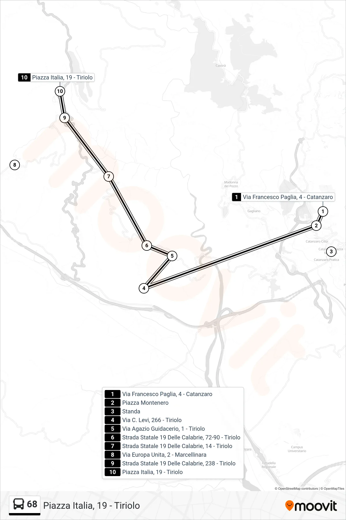 Linea 68  bus (Piazza Italia, 19 - Tiriolo) - Percorsi e fermate sulla mappa