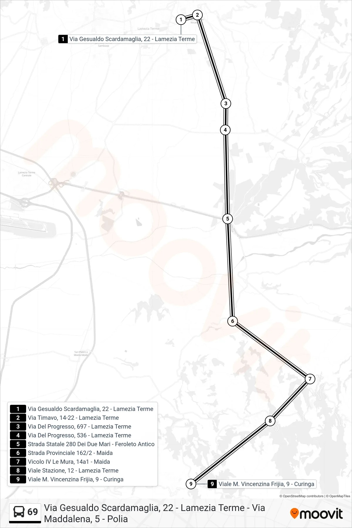 Linea 69 bus (Viale M. Vincenzina Frijia, 9 - Curinga) - Percorsi e fermate sulla mappa