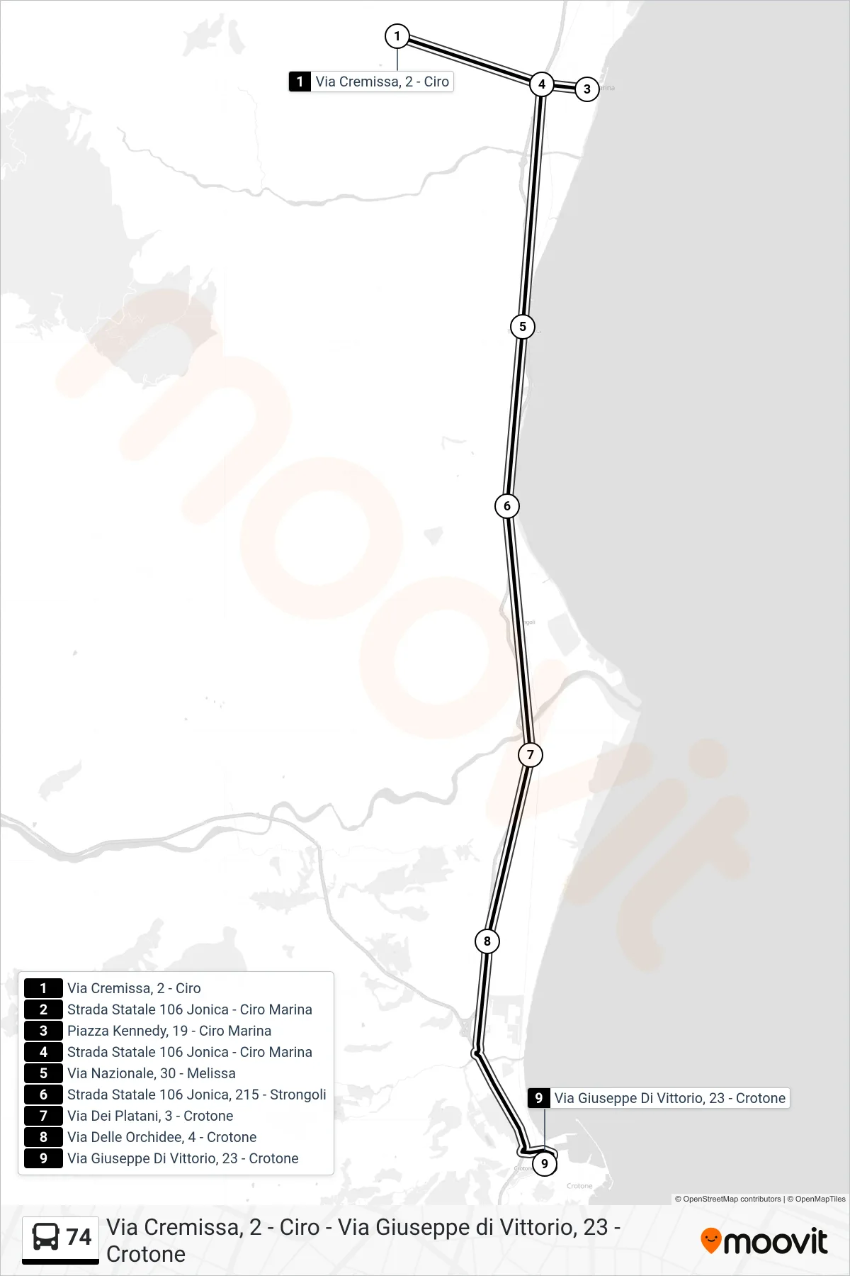 Linea 74  bus (Via Giuseppe Di Vittorio, 23 - Crotone) - Percorsi e fermate sulla mappa