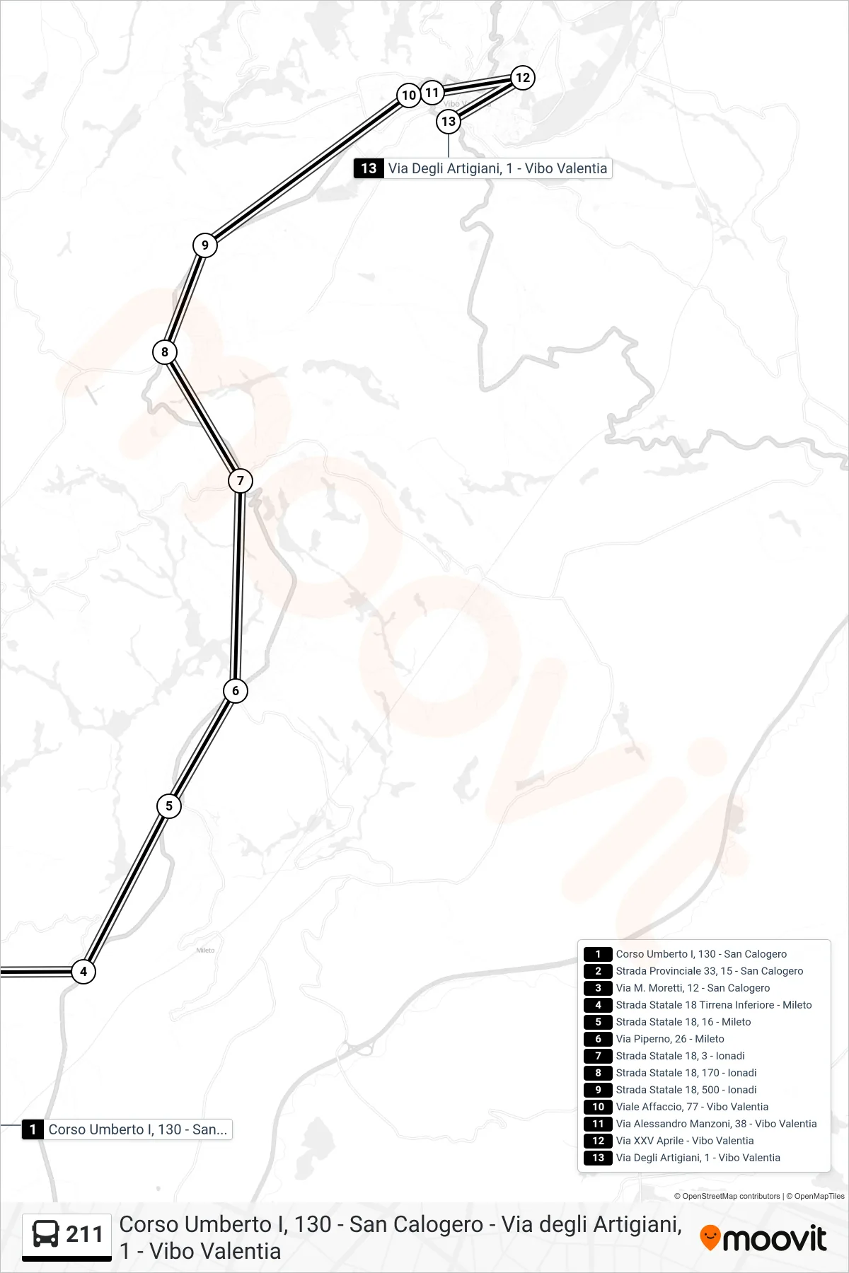 Linea 211  bus (Via Degli Artigiani, 1 - Vibo Valentia) - Percorsi e fermate sulla mappa