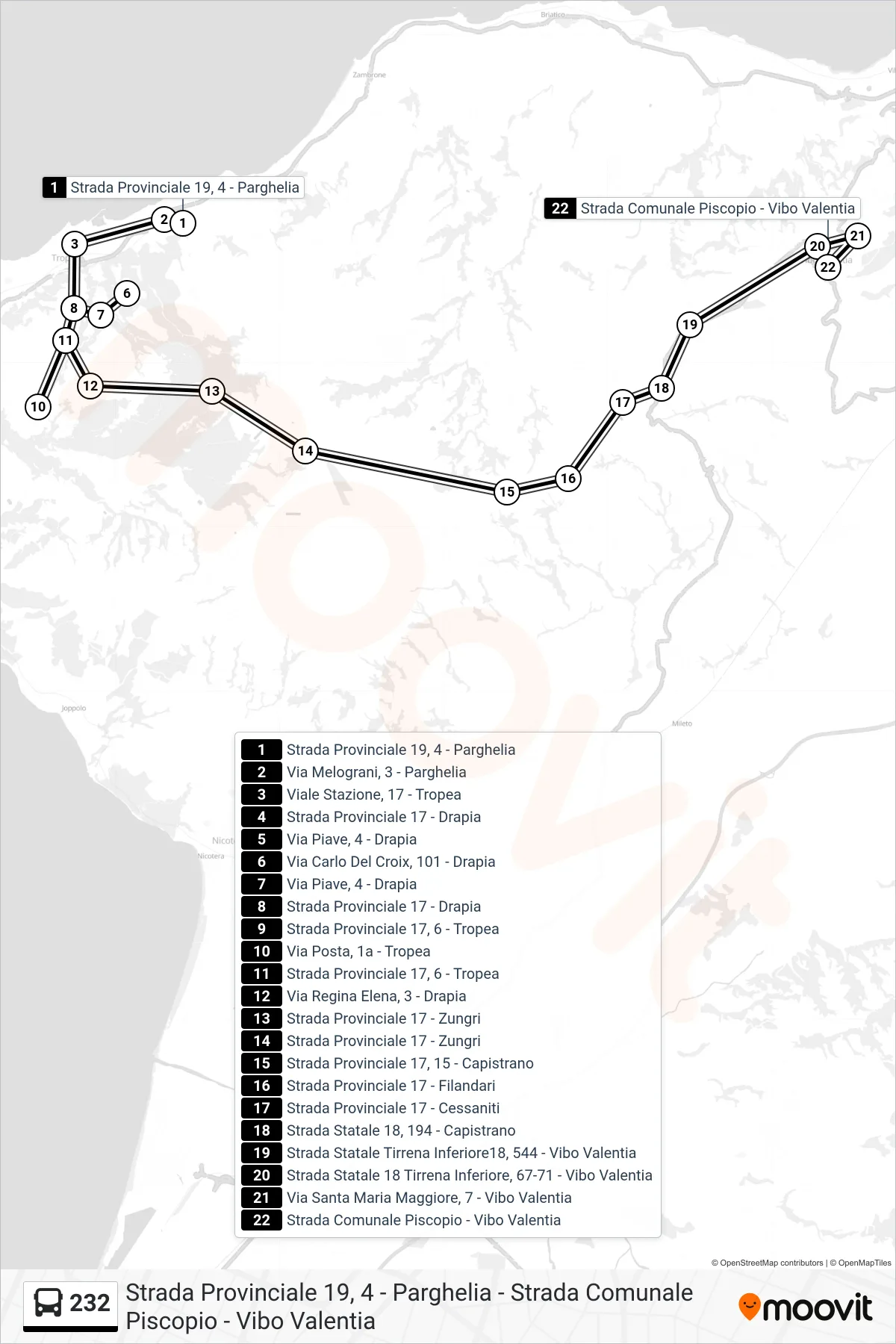 Linea 232  bus (Strada Comunale Piscopio - Vibo Valentia) - Percorsi e fermate sulla mappa