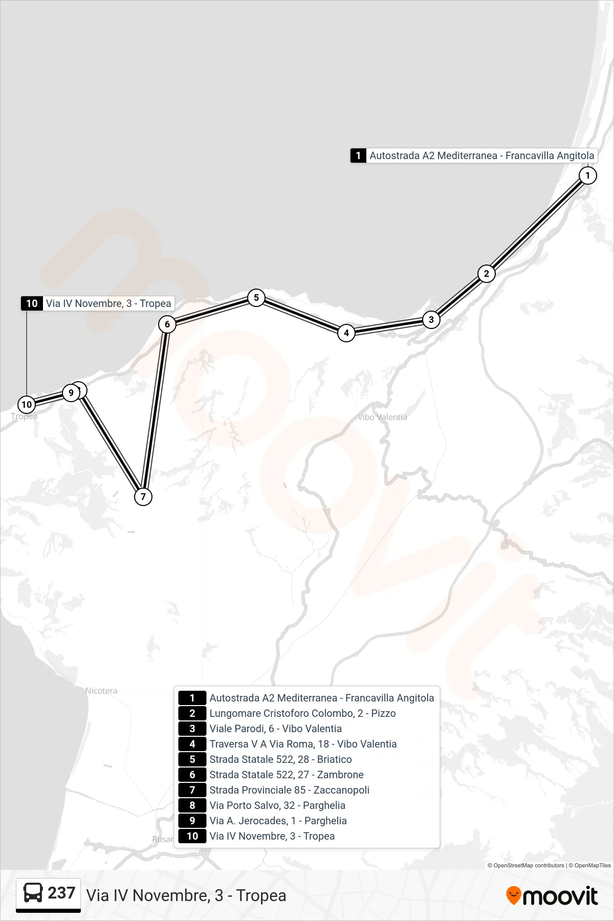Linea 237 bus (Via IV Novembre, 3 - Tropea) - Percorsi e fermate sulla mappa