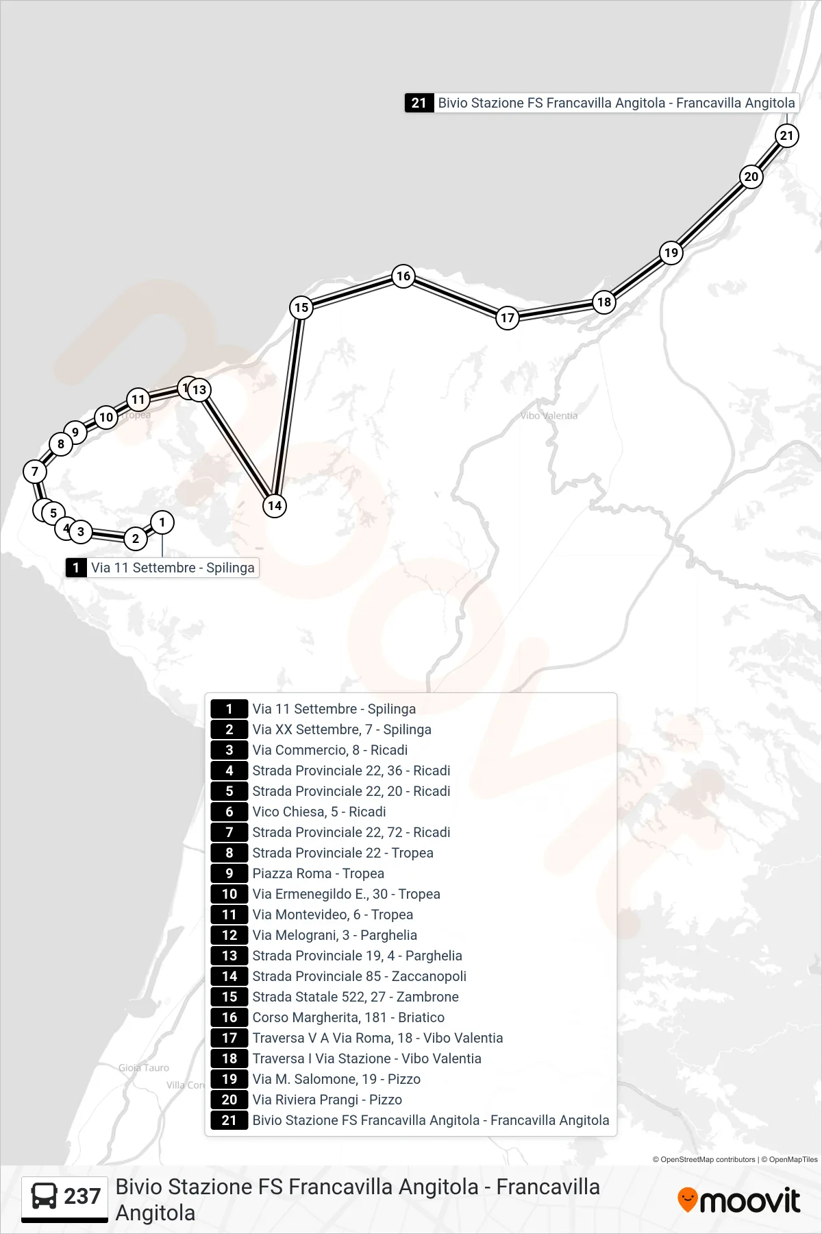 Linea 237  bus (Bivio Stazione FS Francavilla Angitola - Francavilla Angitola) - Percorsi e fermate sulla mappa