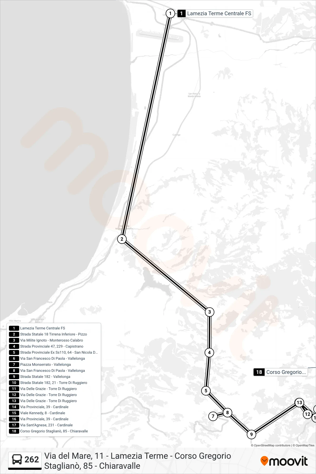 Linea 262 bus (Corso Gregorio Staglianò, 85 - Chiaravalle) - Percorsi e fermate sulla mappa