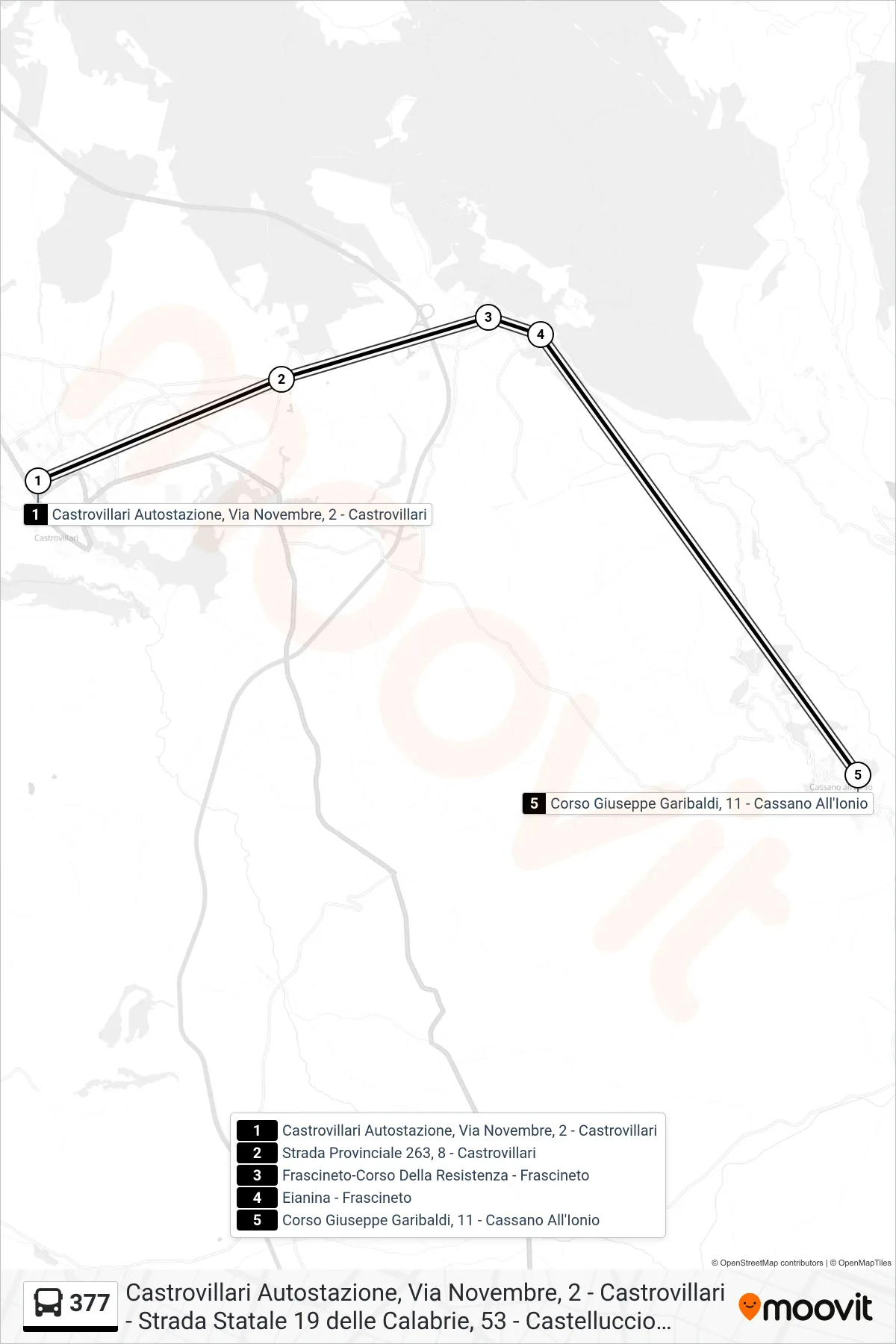 Linea 377 bus (Corso Giuseppe Garibaldi, 11 - Cassano All'Ionio) - Percorsi e fermate sulla mappa
