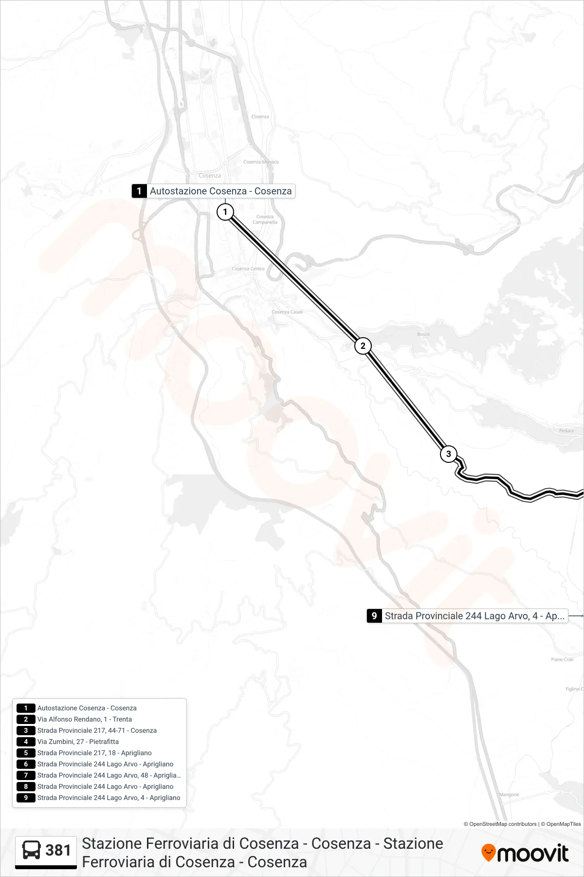 Linea 381 bus (Strada Provinciale 244 Lago Arvo, 4 - Aprigliano) - Percorsi e fermate sulla mappa