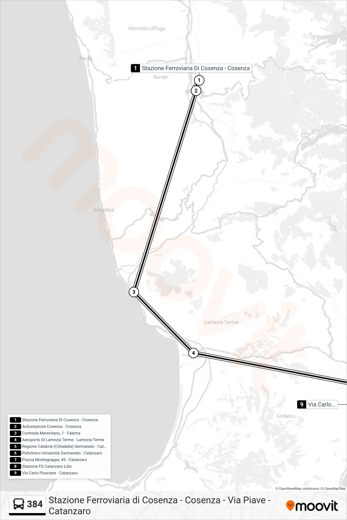 Linea 384  bus (Via Carlo Pisacane - Catanzaro) - Percorsi e fermate sulla mappa